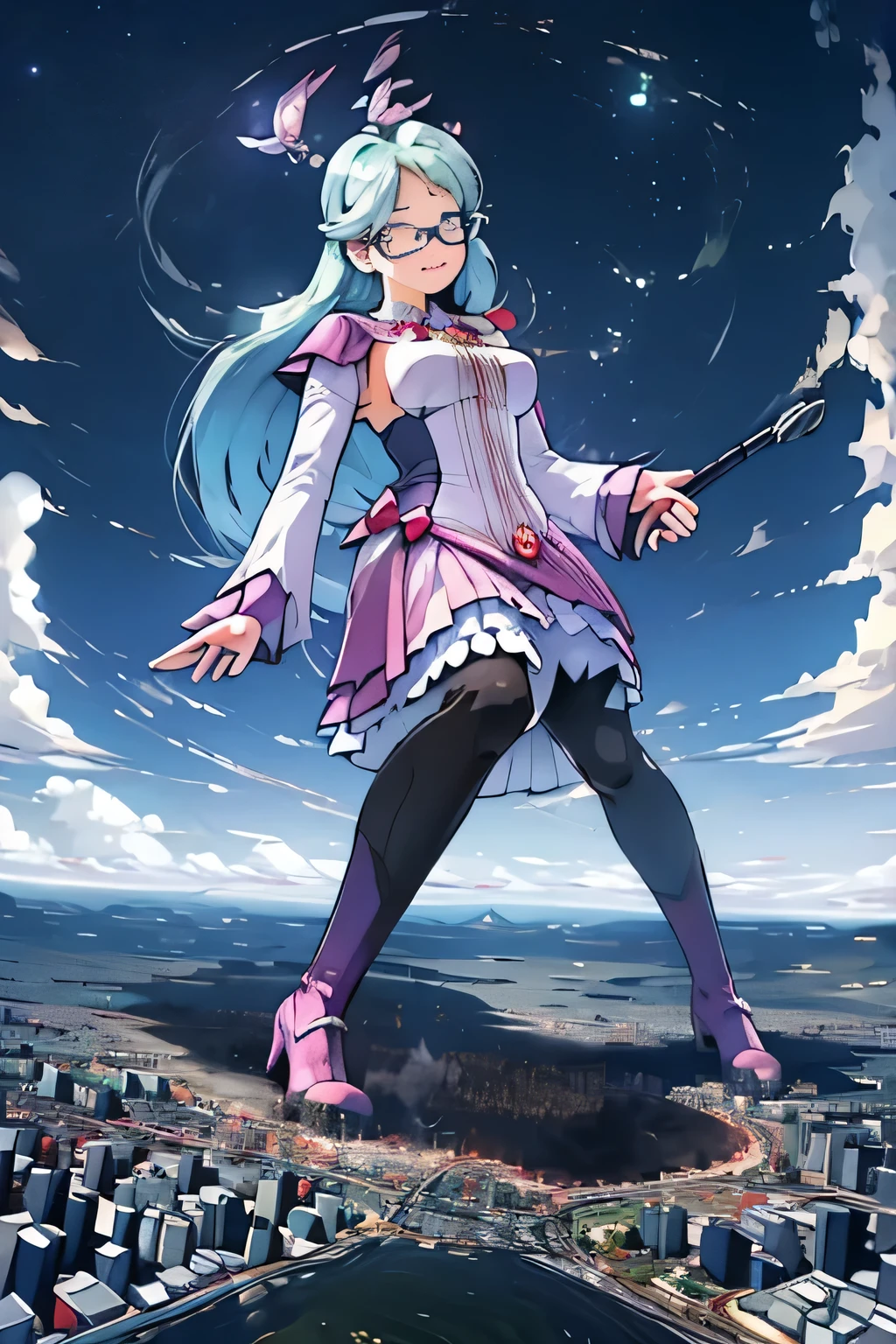 giantess art, highly detailed giantess shots, giantess, Two legs, Five fingers, Long Hair, A beautiful girl who is bigger than a skyscraper, Wearing rimless glasses, smile, huge breasts, blue as the base with some white magical girl dress, bow, magical girl, holding a magical wand, black pantyhose, blue stiletto heels, thunderbolt from a magical wand, Destroying cities, Under heavy attack, A very small big city, Miniature metropolis, Full body description, GTS, giga giantess, stomping city, crash city, tiny city, micro city, pantyhose feet, High resolution, highest quality, masterpiece, peeing self,