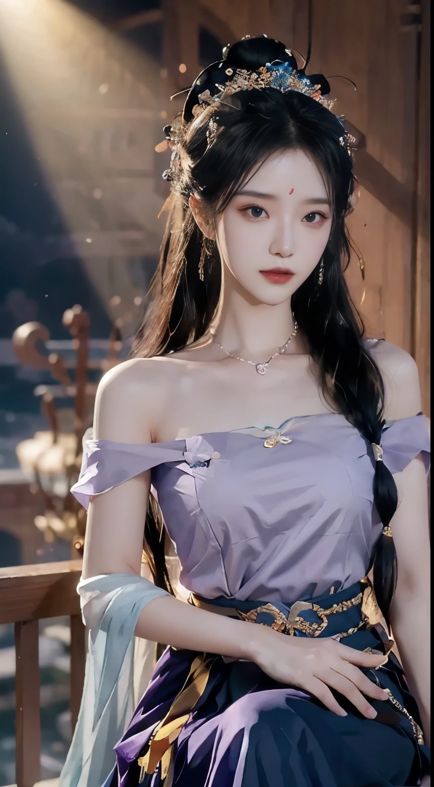 night, Deep blue sky, Purple, 淡Purple连衣裙, Long skirt at chest, long black hair, long hair and waist, Beautiful girl, God, god, White headdress, Sitting on the railing, hair, side fringe, scarf, hair ornament, Forehead Gem, Baolai Jewelry Branch, crescent hair ornament, fish hair ornament, God ray, flash, movie lighting, Lens flare, Ultra HD, High Detail, high quality, high resolution, best quality, 8K, 16K, High Detail, high quality, high quality, Super Detail, Anatomically correct, masterpiece, precise