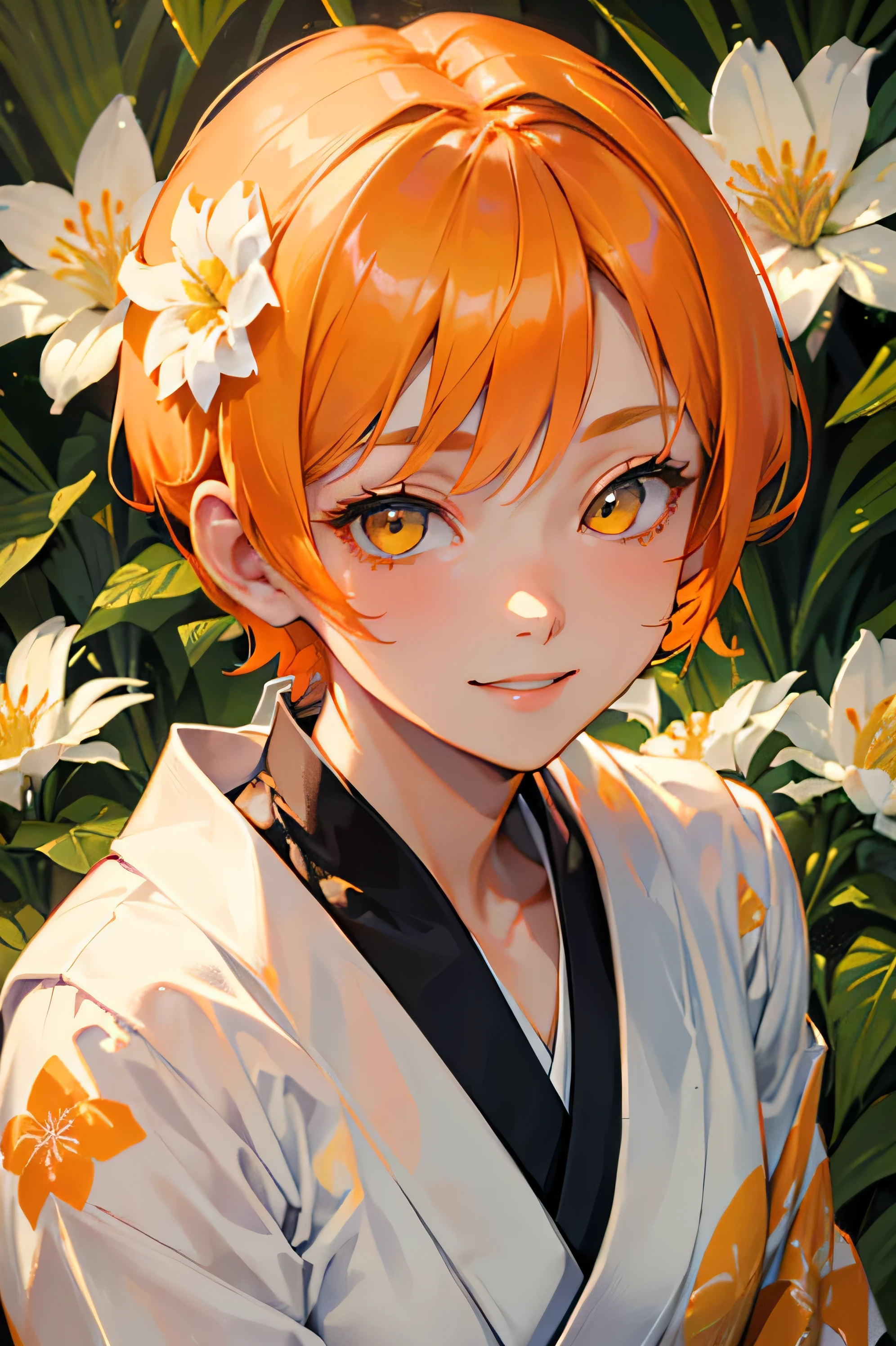 A cool adult woman wearing a white kimono、1 person、((Orange short hair))、(Yellow Eyes)、Bold Pose、Face close-up、(Colorful flowers blooming in the forest々background)、strong、Wicked Smile、(Hell and Paradise)、Yamada Asaemon Sakiri