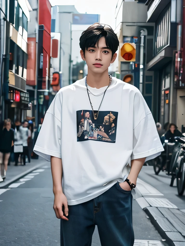 （Best Quality、8k、High resolution、masterpiece：1.25）、Super detailed、（Realistic、Photorealistic：1.5）、((Looking at the camera、male、Japanese:1.25))、male、Man、boy、Black Hair、Beautiful Eyes、Detailed face、Perfect Face、23 years old、smile、whole body、Full Body、Natural Makeup、Wearing casual street style clothes。Oversized graphic t-shirt、High waist distressed denim jeans、Black bomber jacket、White sneakers、Simple chain necklace、Overall, it is trendy and young.々It is a good impression.。

