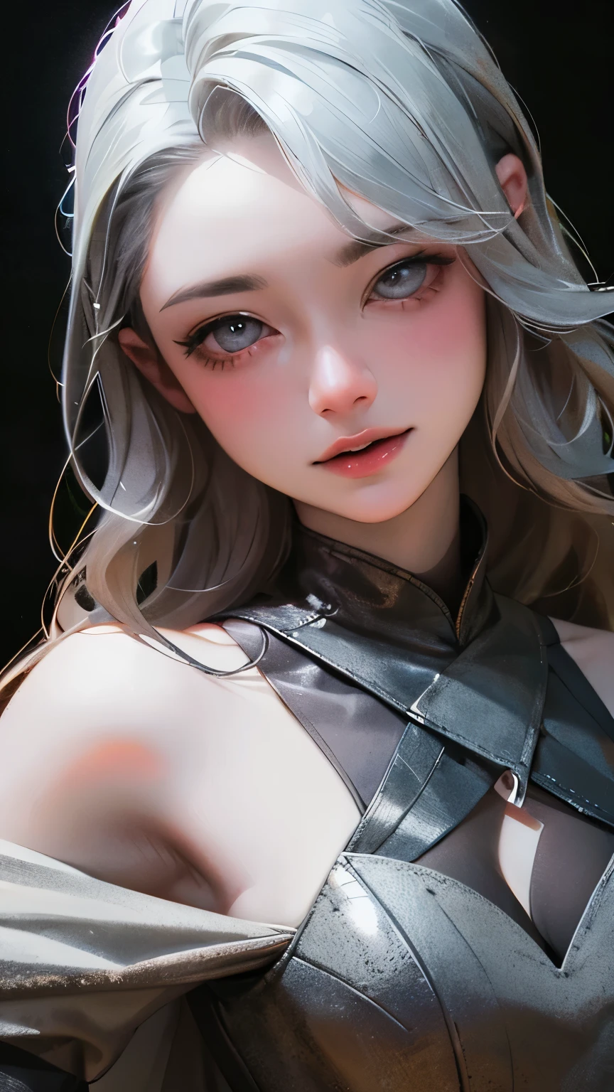 (highest quality, Tabletop:1.2, 超A high resolution, Realistic:1.5), RAW Photos, One Girl, Cute Face、18talent、Grey Hair、Gray eyes、Medium chest、White off-the-shoulder dress, In the Dark, Deep Shadow, Low Light, Cool Tones, Captivating Gaze, Long Hair, Foggy atmosphere, Mysterious atmosphere, Subtle highlights, Dramatic contrast, Graceful pose,Facial expression of happiness、 Heavenly beauty, enchanting darkness, Captivating Expressions