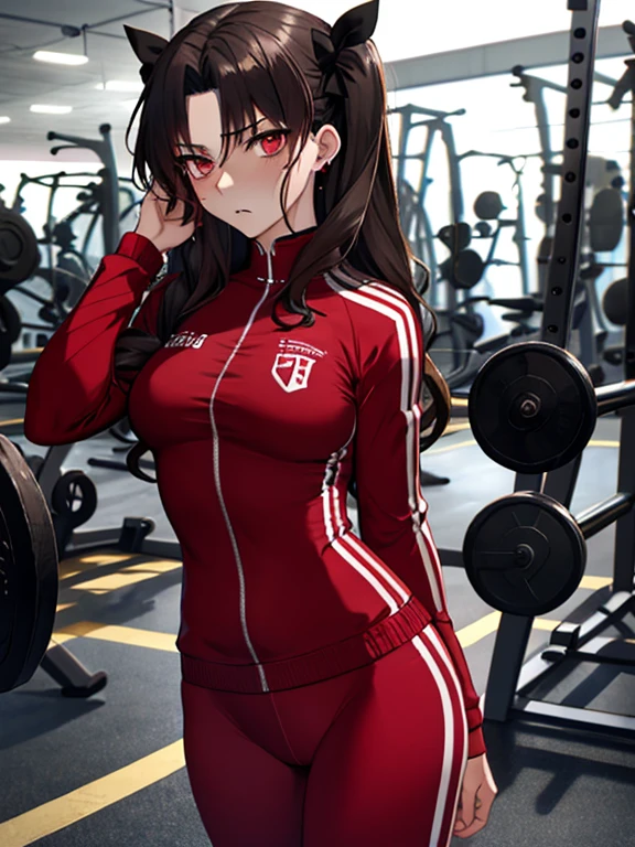 Disgusted Look, A look of disgust、Tohsaka Rin、hostage、sports warehouse、Gym suit、UHD, retina, masterpiece, ccurate, anatomically correct, textured skin, super detail, high details, high quality, best quality, highres, 4K