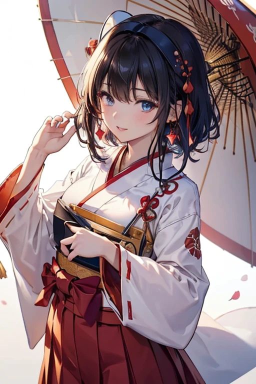 #Basics A girl is posing for a photo, animeのかわいい女の子, (((One Girl, Baby Face, 16 years old))), 
BREAK 

#Clothing Accessories 
(Shrine maiden costume : A haori with large red sleeves on a white background + cherry blossomsの刺繍が施されている + Deep red hakama skirt + Simple white headdress + Traditional shrine maiden attire + Use an umbrella:1.4), 
((Golden hoop earrings)), 
BREAK 

#Features 
(Black Hair:1.4, Bangs that expose the forehead:1.4, Chest-length sideburns, Very short back hair + Straight back hair), 
(Droopy eyes,blue eyes), (Small breasts), 
BREAK 

#expression 
(smile, one eye closed), 
#background environment 
((noon:1.4 + shrine:1.4 + blue sky + Sunshine + cherry blossoms)), 
#composition 
(Face the viewer:1.4, from below:1.4, (Dynamic Pose:1.4 + Are standing:1.4), Cowboy Shot:1.4), 
BREAK 

#Body parts elements 
(Beautiful Hair,Shiny Hair), 
(double eyelid, Long eyelashes), 
(Expression of fine eyes, Beautiful and delicate eyes, Sparkling eyes, Eye Reflexes), 
(Human Ear), 
(Beautiful Nose, Thin Nose), 
(Glossy lips, Beautiful Lips, Thick lips), (Symmetrical facial features), 
(Detailed skin, Textured skin, Beautiful Skin), 
BREAK 

#Quality 
(((highest quality)), ((masterpiece)), ((Very detailed))), ((High resolution), (16k,1080p)), 
(Realistic), (Anatomically correct), 
((comics, anime)), (3DCG), CG illustration,
