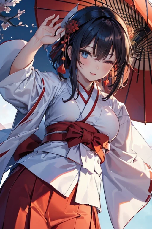 #Basics A girl is posing for a photo, animeのかわいい女の子, (((One Girl, Baby Face, ))),
BREAK
#Clothing Accessories
(Shrine maiden costume : A haori with large red sleeves on a white background + cherry blossomsの刺繍が施されている + Deep red hakama skirt + Simple white headdress + Traditional shrine maiden attire + Use an umbrella:1.4),
((Golden hoop earrings)),
BREAK
#Features
(Black Hair:1.4, Bangs that expose the forehead:1.4, Chest-length sideburns, Very short back hair + Straight back hair),
(Droopy eyes,blue eyes), (Small breasts),
BREAK
#expression
(smile, one eye closed),
#background environment
((noon:1.4 + shrine:1.4 + blue sky + Sunshine + cherry blossoms)),
#composition
(Face the viewer:1.4, from below:1.4, (Dynamic Pose:1.4 + Are standing:1.4), Cowboy Shot:1.4),
BREAK
#Body parts elements
(Beautiful Hair,Shiny Hair),
(double eyelid, Long eyelashes),
(Expression of fine eyes, Beautiful and delicate eyes, Sparkling eyes, Eye Reflexes),
(Human Ear),
(Beautiful Nose, Thin Nose),
(Glossy lips, Beautiful Lips, Thick lips), (Symmetrical facial features),
(Detailed skin, Textured skin, Beautiful Skin),
BREAK
#Quality
(((highest quality)), ((masterpiece)), ((Very detailed))), ((High resolution), (16k,1080p)),
(Realistic), (Anatomically correct),
((comics, anime)), (3DCG), CG illustration,