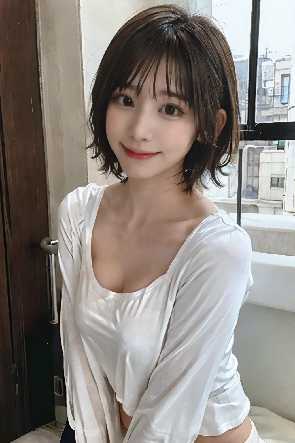 A tight fitting white T-shirt. A white T-shirt with a large opening at the chest. Japanese girl with large breasts. Smiling face. Tight black mini skirt.
