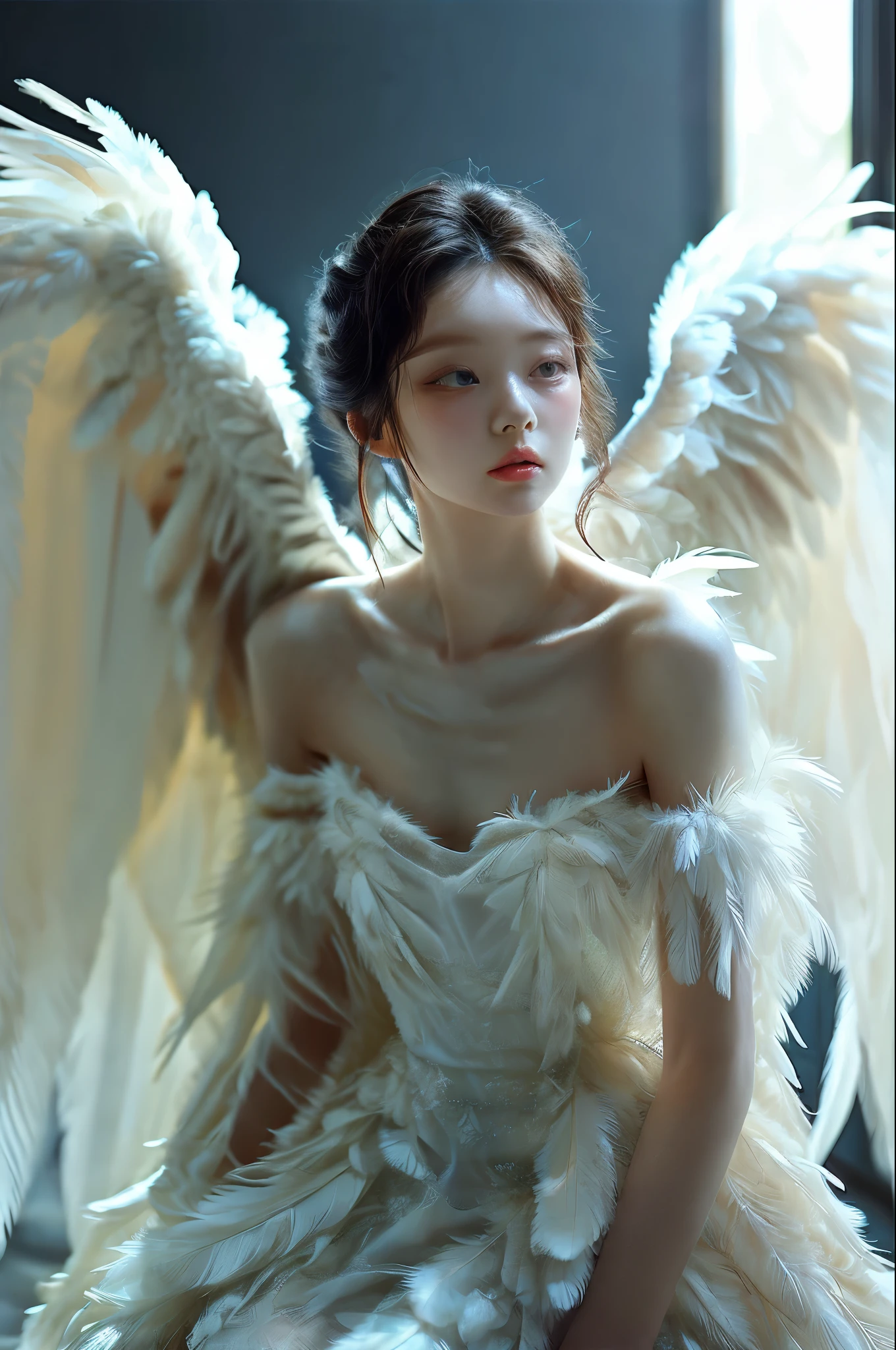 a girl, sitting, sideways, light, bkack background, depth of field, blurred background, window,luxury, marvelous, gorgeous, noble, medium chest, ((Face looks at the lens)), 
 wing, white wings, feathered wings, white dress, angel, feather, angel wings, wings, white feathers