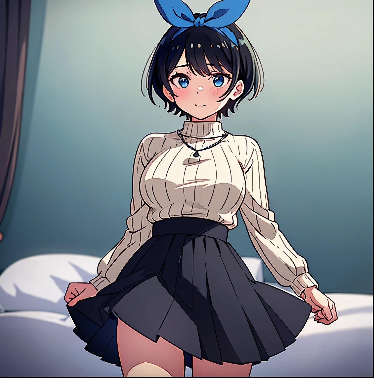1girl, alone, ruka sarashina, main piece, high quality, high resolution, jewelry, skirt, sweater, a necklace, black skirt, a woman with dark hair, short hair, black hair, beige ribbed sweater, white socks, sweater with high collar、high collar, White Sox, blue eyes, long sleeve, black pleated skirt, short skirt, bow, bowknot, blue hair band, bangs, big full breasts, medium waist, medium hips, wide thighs, photo of cowboy, smile, seductive, embarrassed, dynamic pose, sexy body, detailed, detailed face, hotel room, bed, standing, looking at viewer, looking back, from behind, focus on butt, point of view (from below) perfect anatomy perfect hands