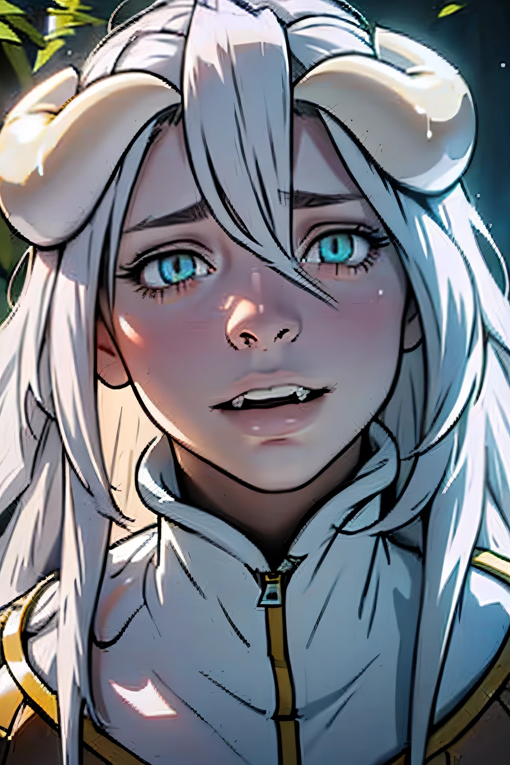 A 20 year old girl with white hair in the forest,horns,portrait,albedo horns, big fangs ,detailed face,intricate hair,detailed eyes,beautiful detailed lips,extremely detailed face,ethereal,magical,high quality,8k,HDR,studio lighting,professional,vivid colors,dramatic lighting
