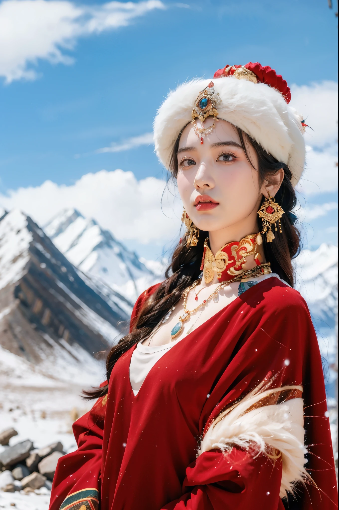 (masterpiece, best quality:1.2),red Tibetan clothing,1 Tibetan girl, blue sky, cloud, cloudy sky, day, earrings,Plush hat, horizon,Tibetan Earrings,jewelry,necklace, lips,snow mountain, outdoors, parted lips, red lips, solo, upper body,cleavage,gigantic breasts,navel,shoulder off