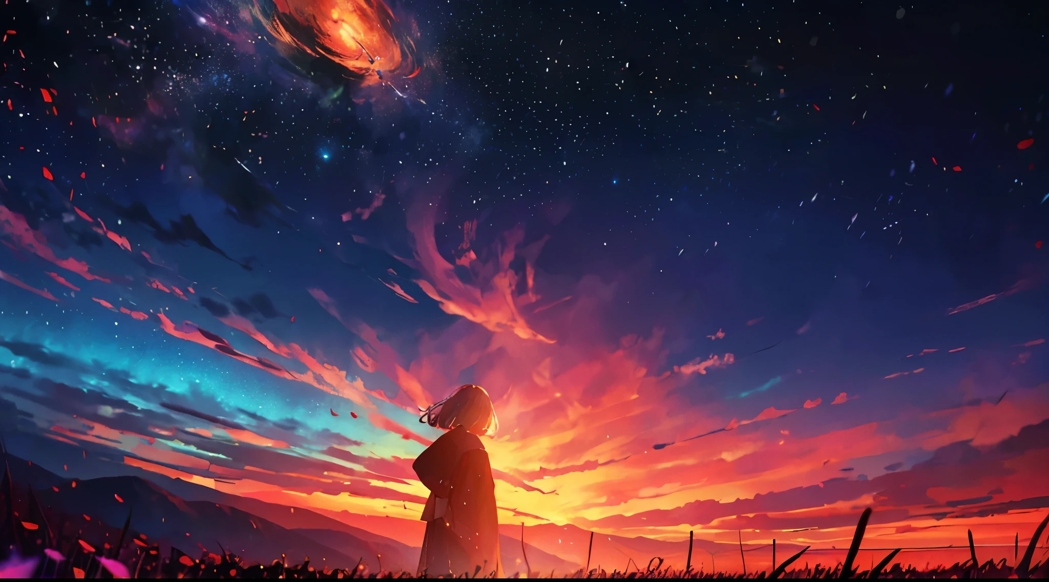 Wide landscape photography, (View from below, The sky is above, And the open field is below), girl observes, Girl in kimono, Red-white hair, A girl standing in a flower field looking up, (meteor: 0.9), Distant Mountain々 , wood々destroys art, (Warm Light: 1.2), (fire Fly: 1.2), Light, Lots of purple and orange, Intricate details, Volumetric Lighting Break (masterpiece: 1.2), (highest quality), 4K, Super detailed, (Dynamic configuration: 1.4), Rich color and detail, (Rainbow-colored: 1.2), (shine, Atmospheric lighting), dream-like, Magic, (alone: 1.2),chill,electro,chillout
