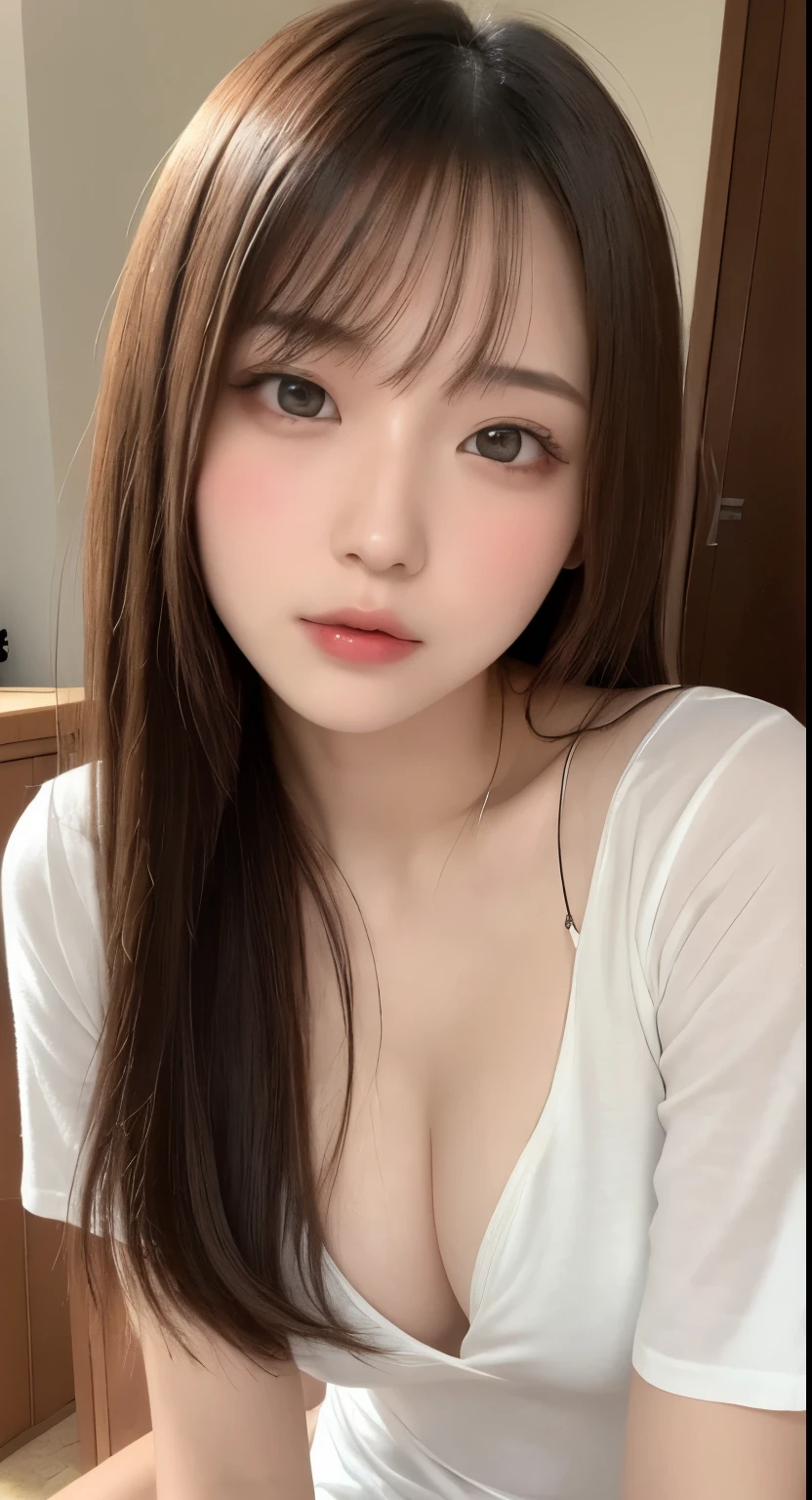 Tabletop, highest quality, shape, Very detailed, finely, High resolution, 8k wallpaper, 完璧なダイナミックな構shape, Beautiful and exquisite, Medium Hair, Small breasts, Natural color lip, Random sexy poses,smile、20-year-old girl、Beautiful and dense face、Perfect and beautiful face,Big eyes、RAW Photos、spread your arms and legs wide、女性らしいポーズをwhole bodyで表現する、Beautiful and exquisite、Small face、Beautiful Duplex、Slim face and figure、White shirt、Beautiful golden ratio face、whole body、Spread your legs
