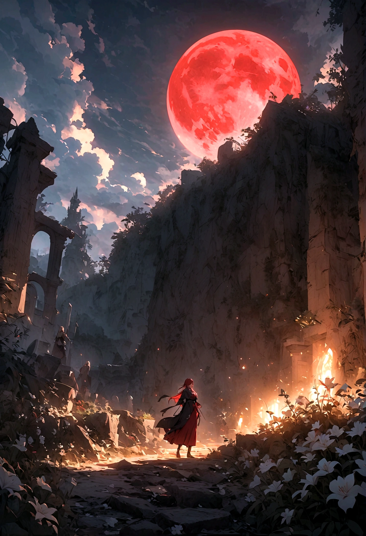 wasteland,非常可憐的女僕sit在石頭上思考,Disgusted look,Hand on cheek,(sit:1.2),wearing tattered clothing,Goethe,moss,A small white flower,cemetery,Blood red moon,Goethe元素,cold,gloomy