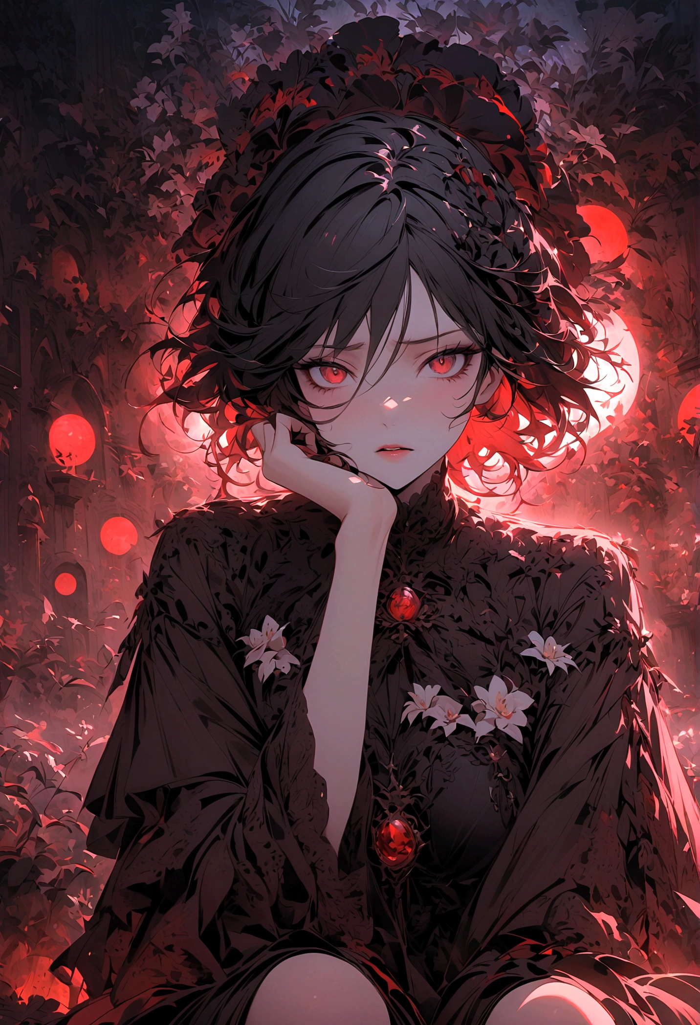 wasteland，非常可憐的女僕sit在石頭上思考，Disgusted look，Hand on cheek，(sit:1.2)，wearing tattered clothing，Goethe，moss，A small white flower，cemetery，Blood red moon，Goethe元素，cold，gloomy