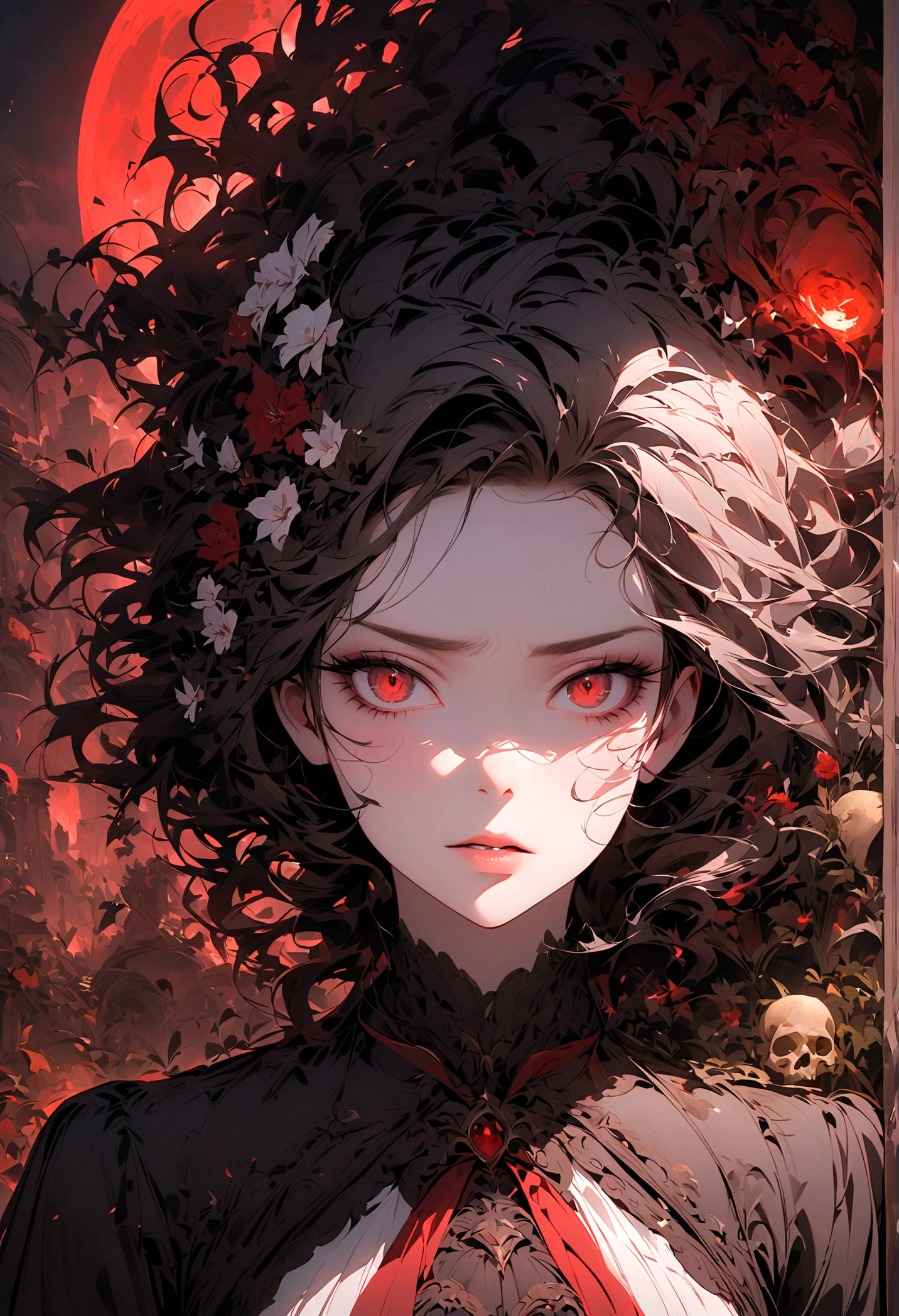 wasteland,非常可憐的女僕sit在石頭上思考,Disgusted look,Hand on cheek,(sit:1.2),wearing tattered clothing,Goethe,moss,A small white flower,cemetery,Blood red moon,Goethe元素,cold,gloomy