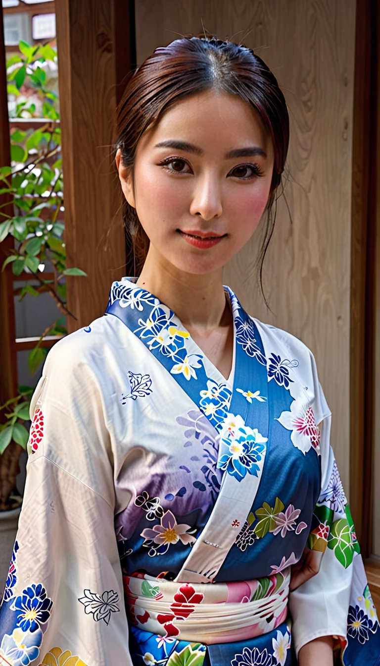 Arabian Asian woman in uniform posing for a photo, Japanese , wearing Japanese kimono, UHD, masterpiece, anatomically correct, textured skin, super detail, high details, best quality, 16k