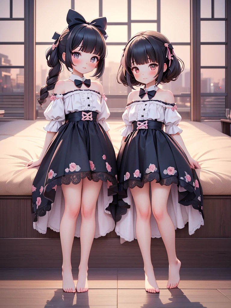 ((bishojo)), ((jk, 2 girls)), (masterpiece), (top quality), (hyper detailed), (exquisite), (depth), (crisp), (8k), (beautiful and aesthetic), (super detailed skin), (high standard), (high resolution), (perfect anatomy), ((full body)), (blush), (bare foot), (wariza), (lace strapless clothes), (blunt bangs), (bow in hair)
