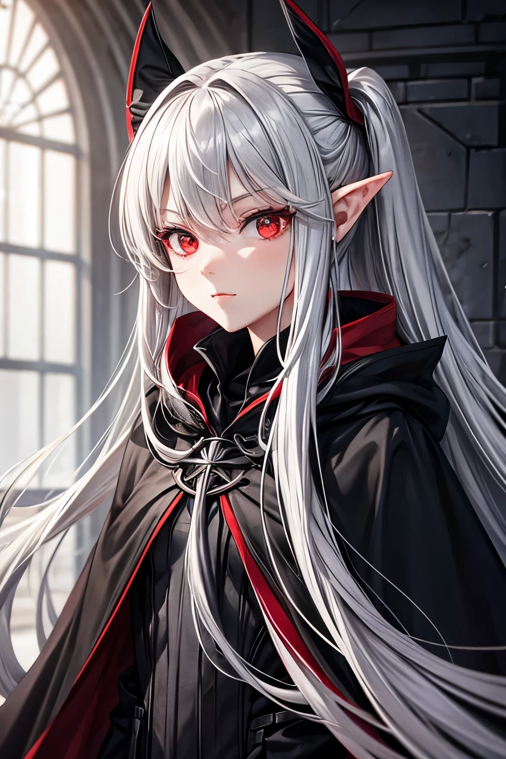 Long gray hair, pointed ears, red eyes, girl, black cloak