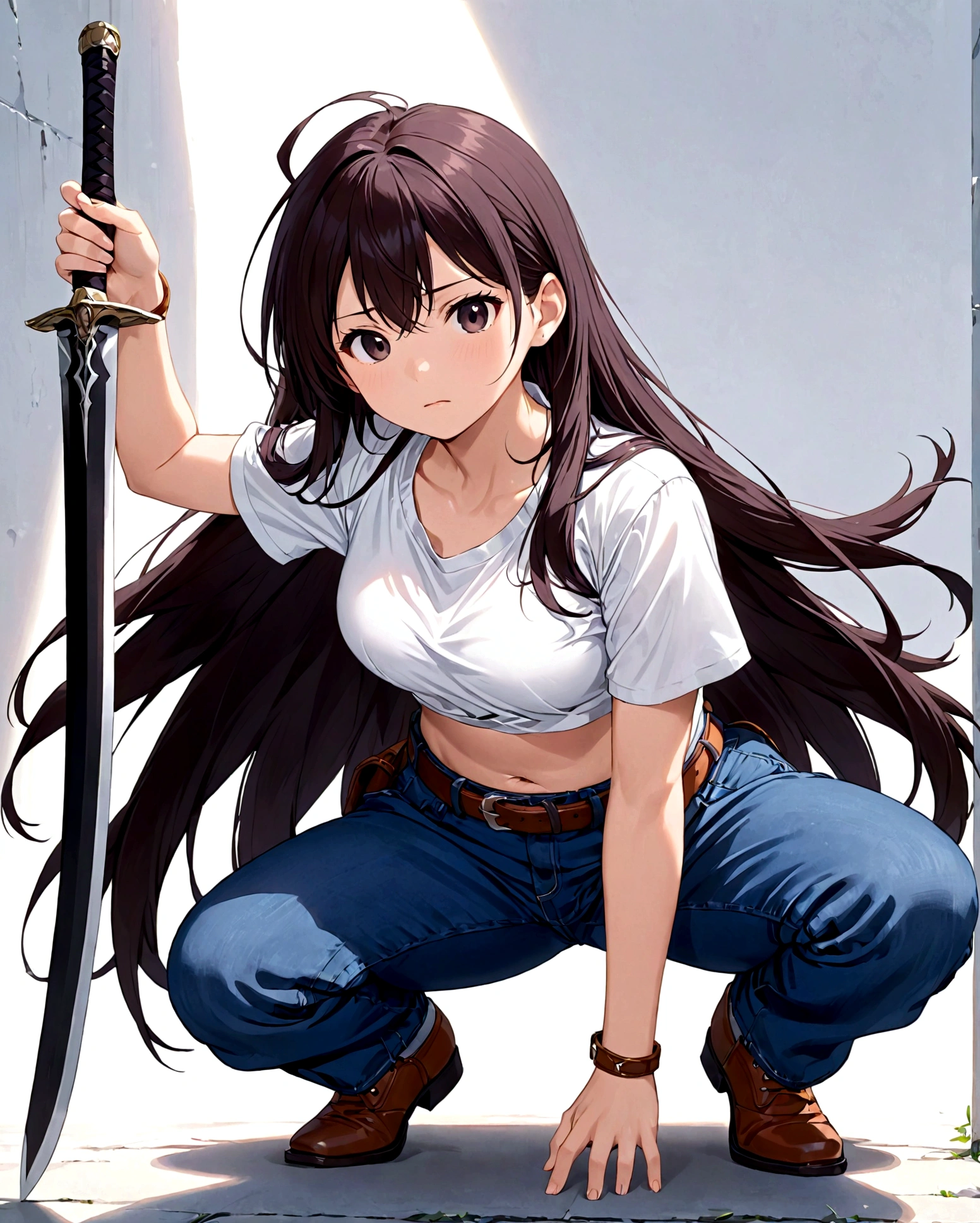 1girl，sword,shirt，belt，breast，jeans，Long hair，Crouching，belly button，shirt，Single pants，Single pants leg,Disgusted look, ,Kanzaki Kaori,solo，绑shirt，arms