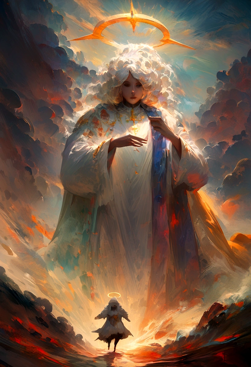 Black Jesus with halo, lost sheep, rich details, bright colors, white clothes, vibrant, textured brushstrokes, dynamic composition, cinematic lighting, painterly, surreal, 8K, HDR, award-winning digital art, masterpiece
