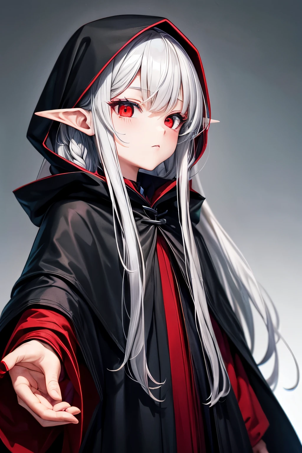 Long gray hair, pointed ears, red eyes, girl, black hooded cloak