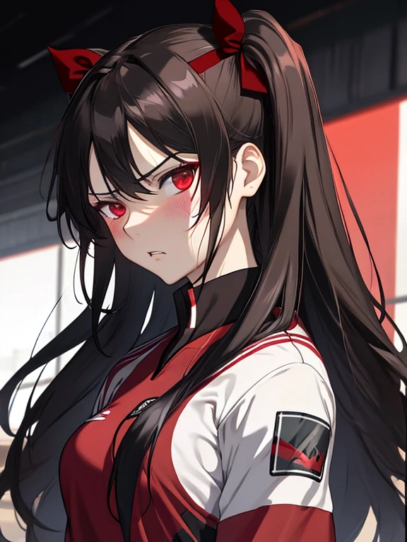 Disgusted Look, A look of disgust、Tohsaka Rin、hostage、sports warehouse、UHD, retina, masterpiece, ccurate, anatomically correct, textured skin, super detail, high details, high quality, best quality, highres, 4K