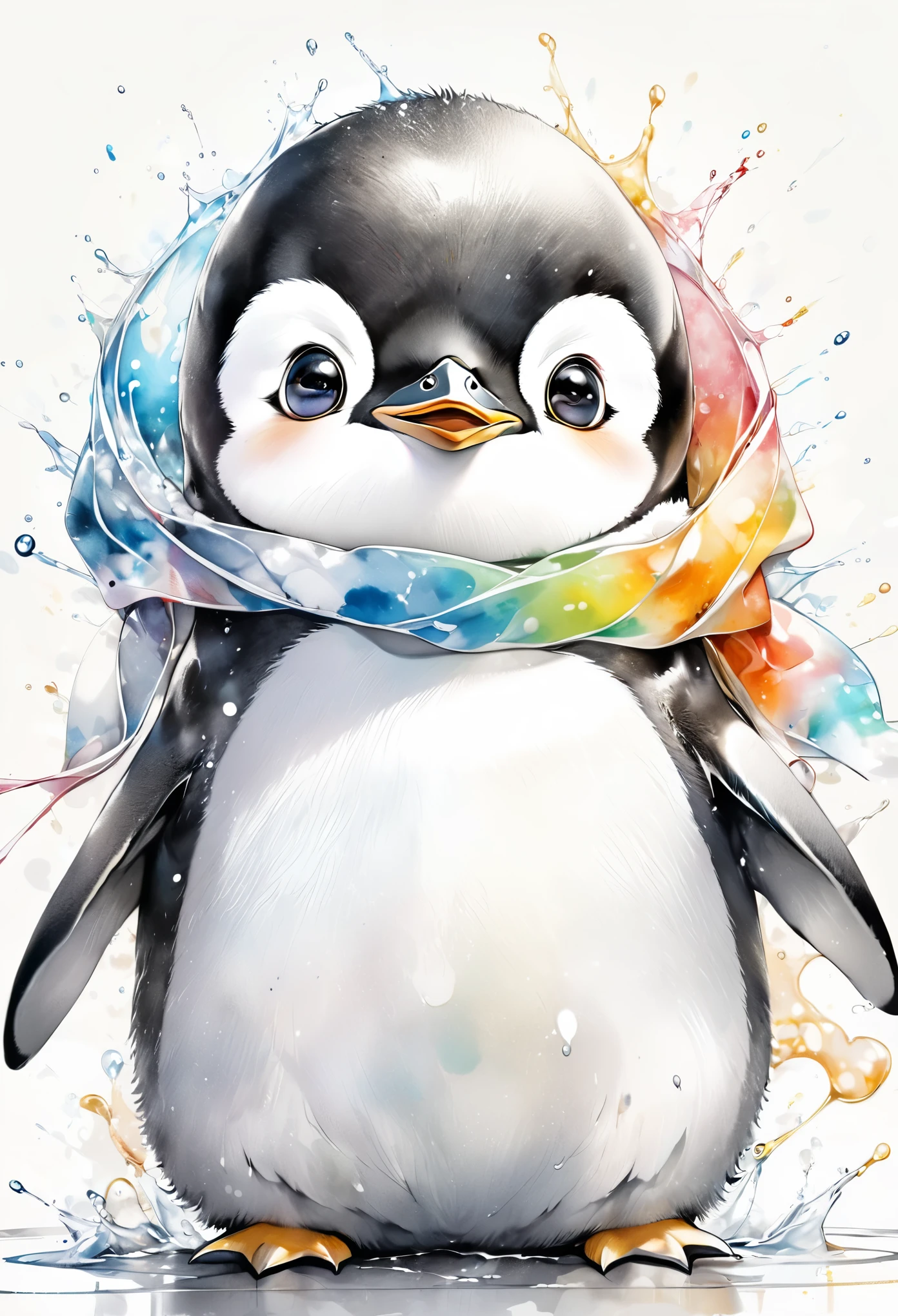 best quality, super fine, 16k, incredibly absurdres, extremely detailed, 2.5D, delicate and dynamic, fusion of watercolors and oil paintings, mix of monochrome and color, funny baby penguin portrait, cute face, cute pose