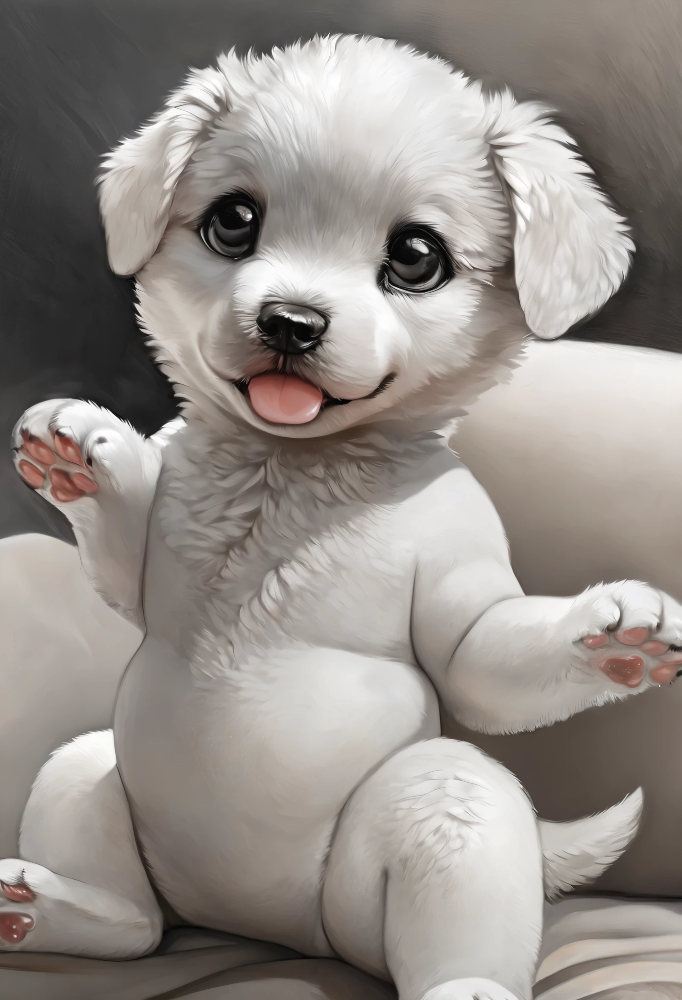 best quality, super fine, 16k, incredibly absurdres, extremely detailed, 2.5D, delicate and dynamic, fusion of watercolors and oil paintings, mix of monochrome and color, funny baby dog portrait, cute face, cute pose