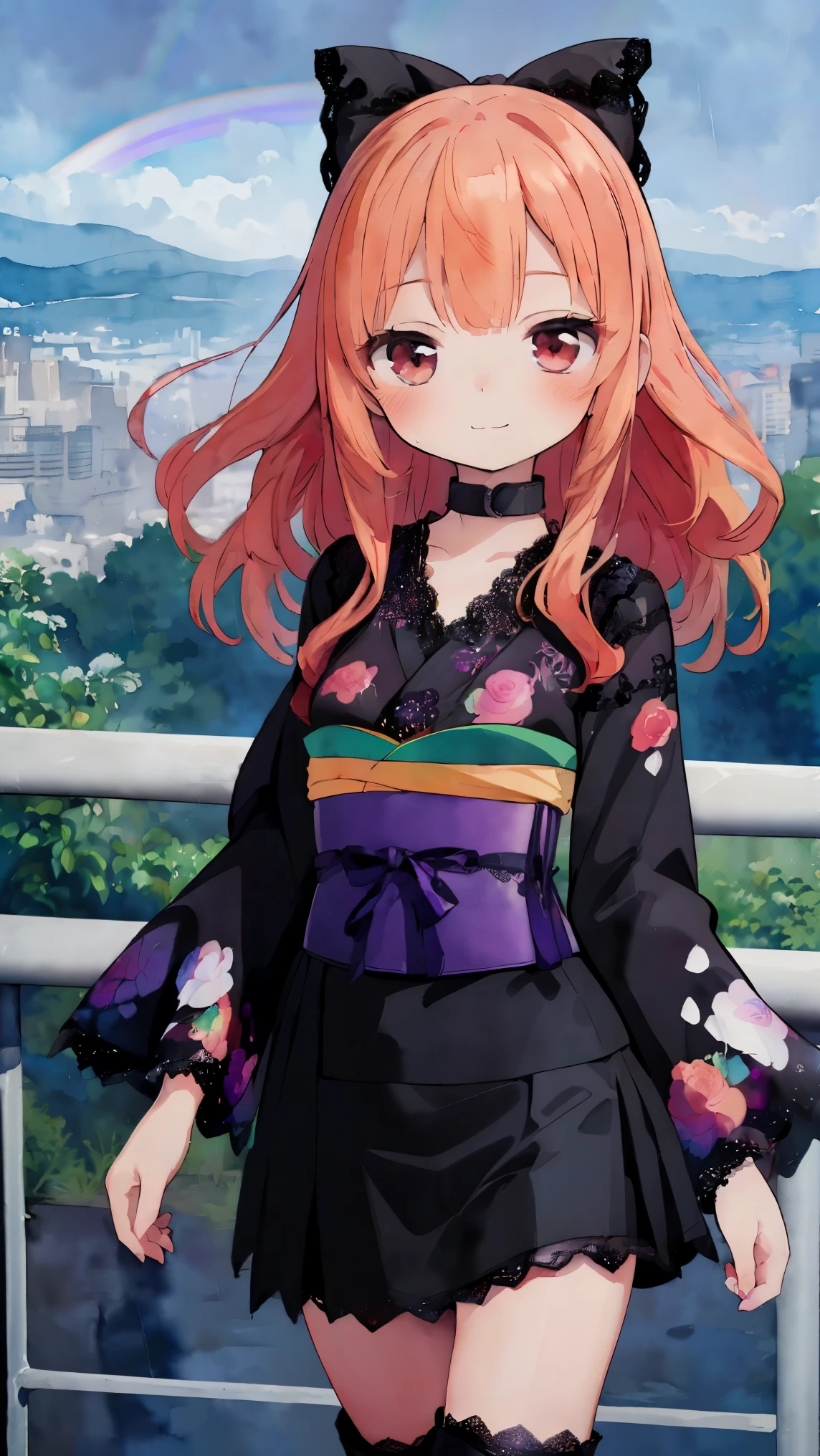 (8k, RAW photo, best quality, masterpiece, highres, absurdres, ultra detailed:1.3), (Photography, realistic, photo-realistic:1.4), (beautiful natural lighting, beautiful deatailed shadow, beautiful detailed glow :1.4), atmospheric,
BREAK 1 beautiful girl, (Beauty:1.5),(Chibi:0.5),(kawaii:2.0),(Cool:2.0),((17 year old girl),(Solo:1.65),BREAK, (huge-breasted:1.2,), Clear skin, Beautiful skin, Shy, 1 beautiful woman,Demons,Colossal tits(Hair Bow, Red hair, Long hair, flipped hair, hair messy,Wings of an angel on the back, Demon King's horn on the head:1.2), (Red Eyes, long eyelashes, Double eyelids: 1.2), Shiny skin,de pele branca,dial,(evil smile, blush :1.45),
BREAK //Character
(Based on the Gothic Lolita concept of (showing as little skin:1.6) as possible.:1.4),
(The black kimono is basically a kimono sewn from black fabric:1.7), and is styled in Gothic Lolita fashion.,
(The pattern is embroidered with butterflies and flowers in black thread.1.3),
(A lot of black lace is used on the collar and sleeves:1.7), making it very luxurious and cute.,
The lining is made of red fabric, creating a wonderful contrast between red and black.,
BREAK
(Instead of a obi, a corset is wrapped around it:1.7), and (the strings are red:1.7), making it a fashion highlight.,
BREAK
(The skirt part is (black lace skirt:1.5) with butterfly and floral prints, which enhances its cuteness.:1.6),
Add a touch of Gothic Lolita to your look with (knee boots.:1.3),
BREAK
The white skin and dark eyeshadow make-up typical of Gothic Lolita creates a dark overall look. Wear a black headdress or ribbon to enhance your cuteness.,
BREAK
(after rain,watercolor rainbow, slope, running, road, guardrail, cliff overlooking city view: 1.6),
BREAK wakame,wakame,wakame,(cowboy shot, from front:1.4), BREAK ukiyoe style, India-ink painting, watercolor,