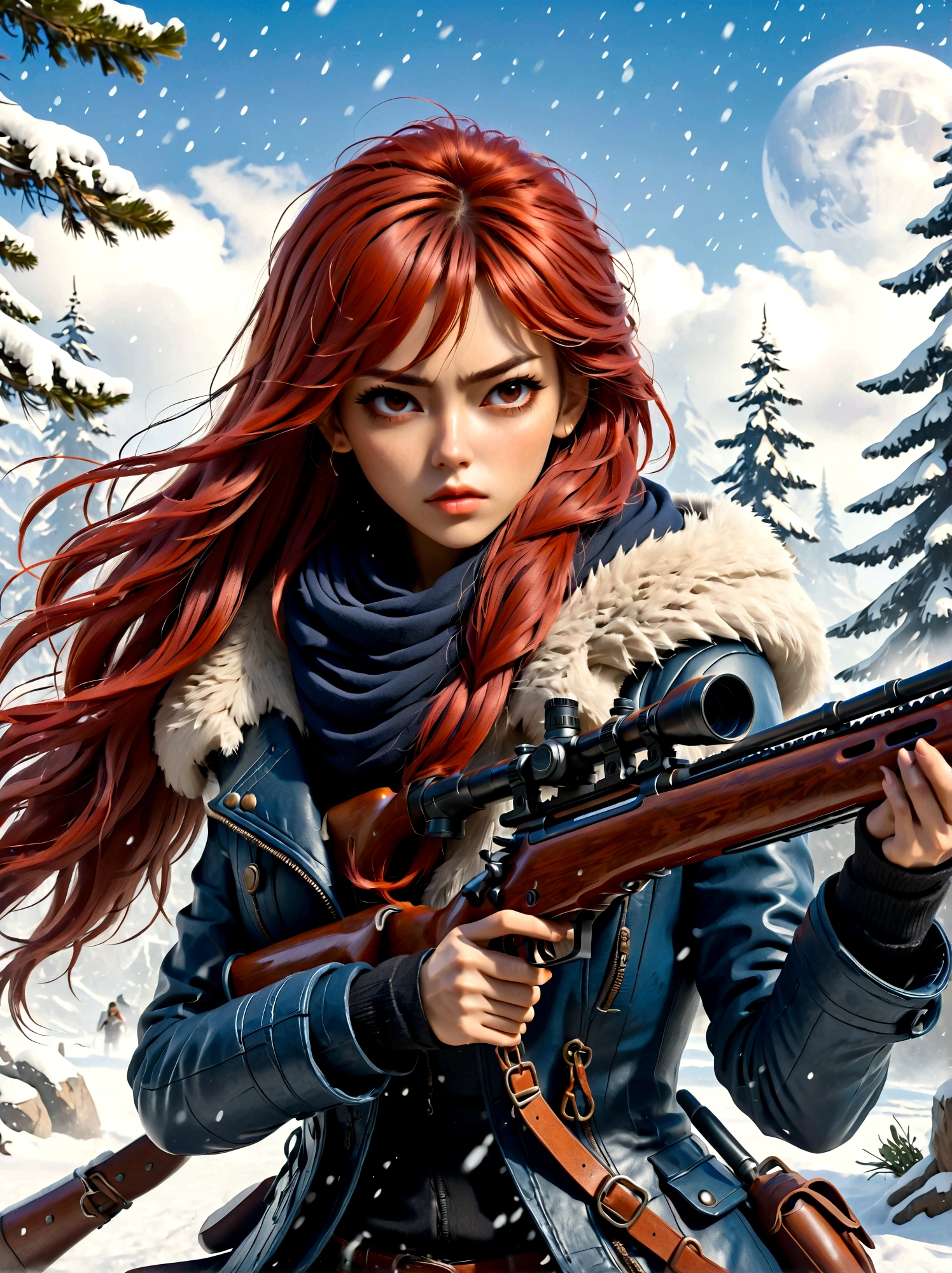 Girl holding a rifle, (Disgusted look:1.5), Snow Fighting Pose, East, Blade and Soul, Ink style, Long red hair, Leather and fur coats, cold, artwork, 3d, 4k, detailed, Practical