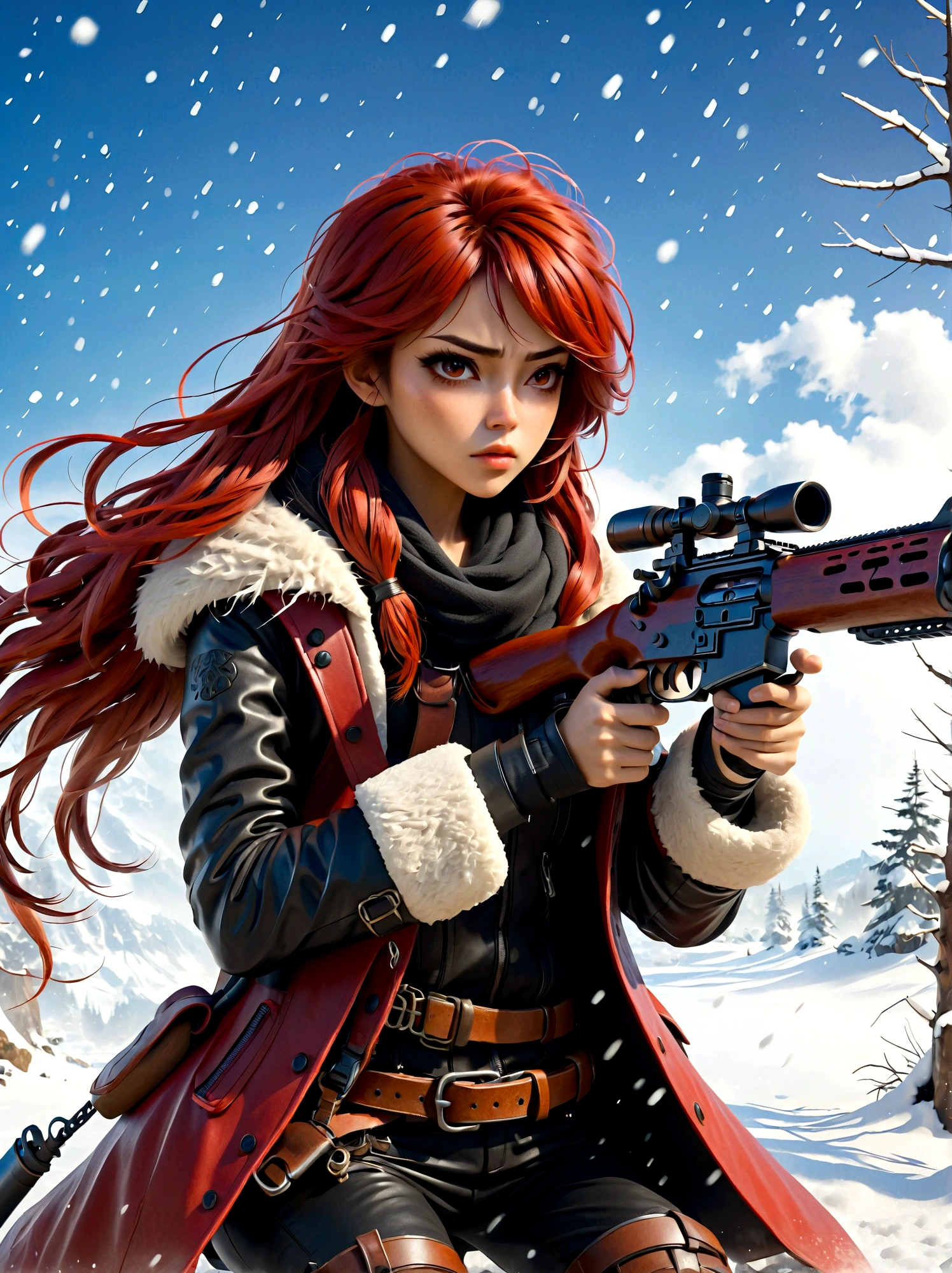 Girl holding a rifle, (Disgusted look:1.5), Snow Fighting Pose, East, Blade and Soul, Ink style, Long red hair, Leather and fur coats, cold, artwork, 3d, 4k, detailed, Practical