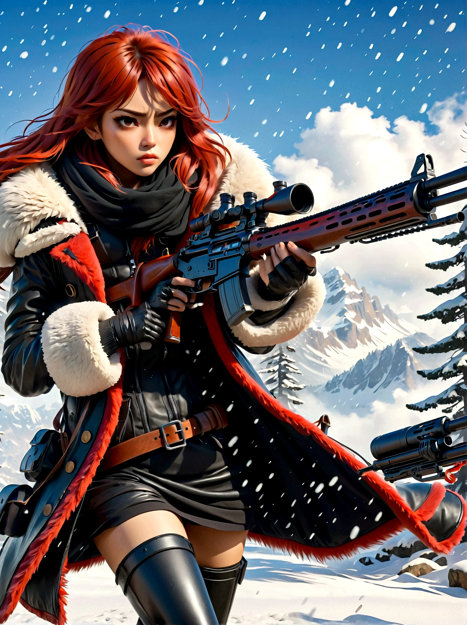 Girl holding a rifle, (Disgusted look:1.5), Snow Fighting Pose, East, Blade and Soul, Ink style, Long red hair, Leather and fur coats, cold, artwork, 3d, 4k, detailed, Practical