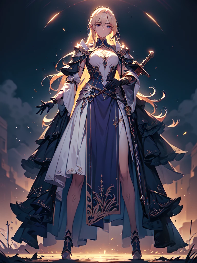 Design a layout showcase Gaming character, (1girl). 
Golden|Purple clothes, stylish and unique. 
((showcase weapon:1.4)), magic staff. 
(masterpiece:1.2), (best quality), 4k, ultra-detailed. 
(Step by step design, layout art:1.5), (luminous lighting, atmospheric lighting). 
magican, ((glove full hands)), (((revealing clothes:1.3))), vambraces, armored legwear, (((full_body_shot:1.4))). 
{In a mystical forest|On a magical battlefield}.
