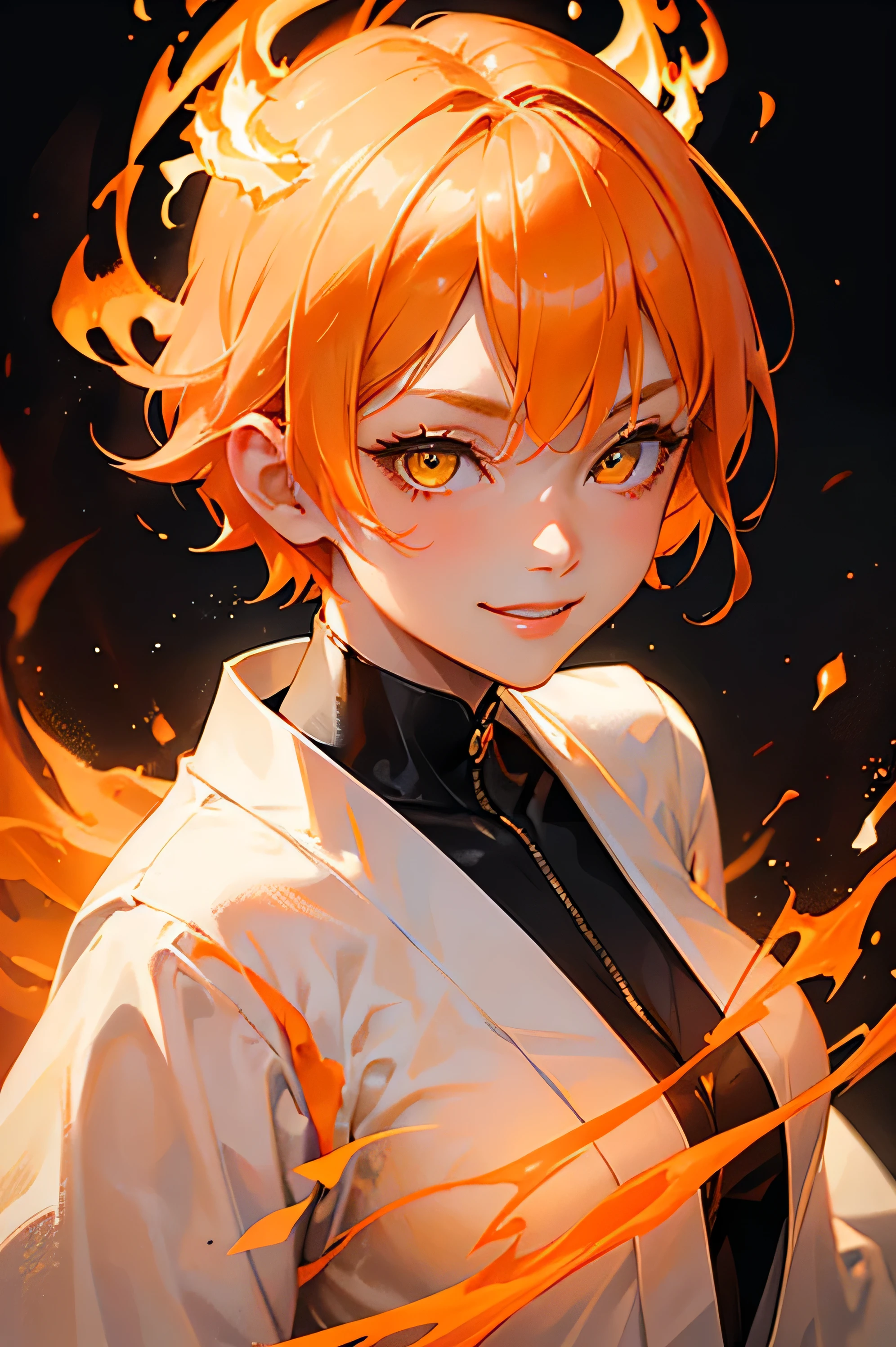 A cool adult woman wearing a white kimono、1 person、((Orange short hair))、(Yellow Eyes)、Bold Pose、Face close-up、(Flame Background)、(strong)、Wicked Smile、(Hell and Paradise)、strongest