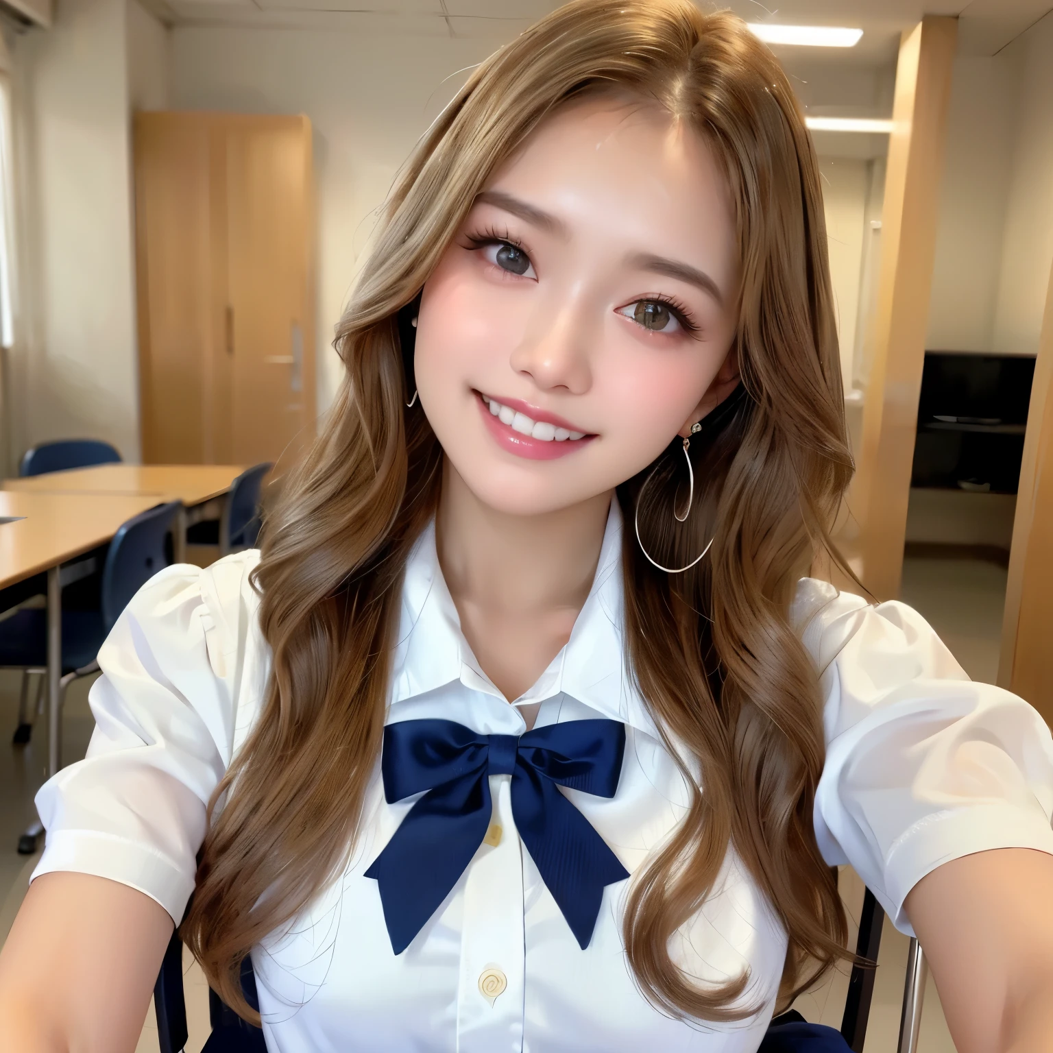 (best quality、table top、8K、Best image quality、winning photo)、1 beautiful 、blonde woman、long wavy hair、Brightly colored contacts、necklace、small precision earrings、exposed chest、high white shirt、The most natural and perfect shirt、navy pleated skirt、thin、split、huge breasts、emphasize the chest line、precisely anatomy、the best smile when you see me、The most natural and perfect high school classroom background、(strongly blurred background:1.1)、(The most natural and authentic high school classroom interior:1.1)、(The most natural and perfectly regular desk and chair arrangement:1.1)、perfect makeup、(Ultra high resolution gloss, fair skin:1.1)、ultra high resolution face、ultra high resolution hair、Ultra high resolution sparkling eyes、Ultra high resolution glossy lip、(Ultra high resolution perfect beautiful teeth:1.1)、(White skin that shines very brightly:1.1)、A beautiful face drawn in every detail.、photo above chest、face close up