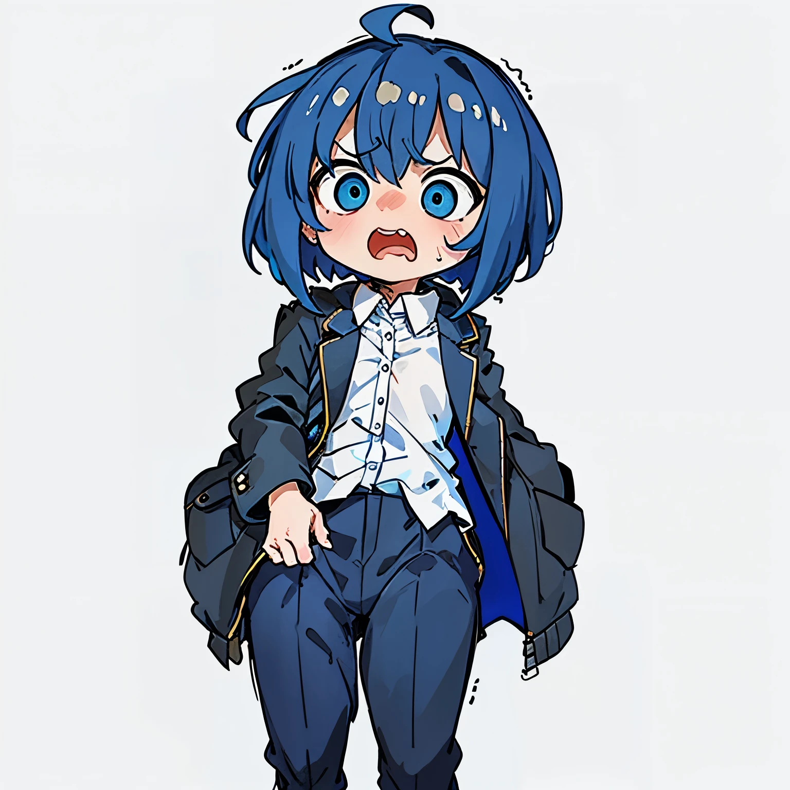 high-resolution, top quality, BestQuality:1.3, ultra detailed 4k cg, ultra detailed 8k cg, lighting forward, (blue short hair:1.4), A long black suit jacket over a white shirt, (no background), (baggy clothes:1.2), open mouth, (cute:1.5), Suit bottoms, (no background:2.0), chibi, (solo:2.0), (scared: 2.0), (shocked:0.2)