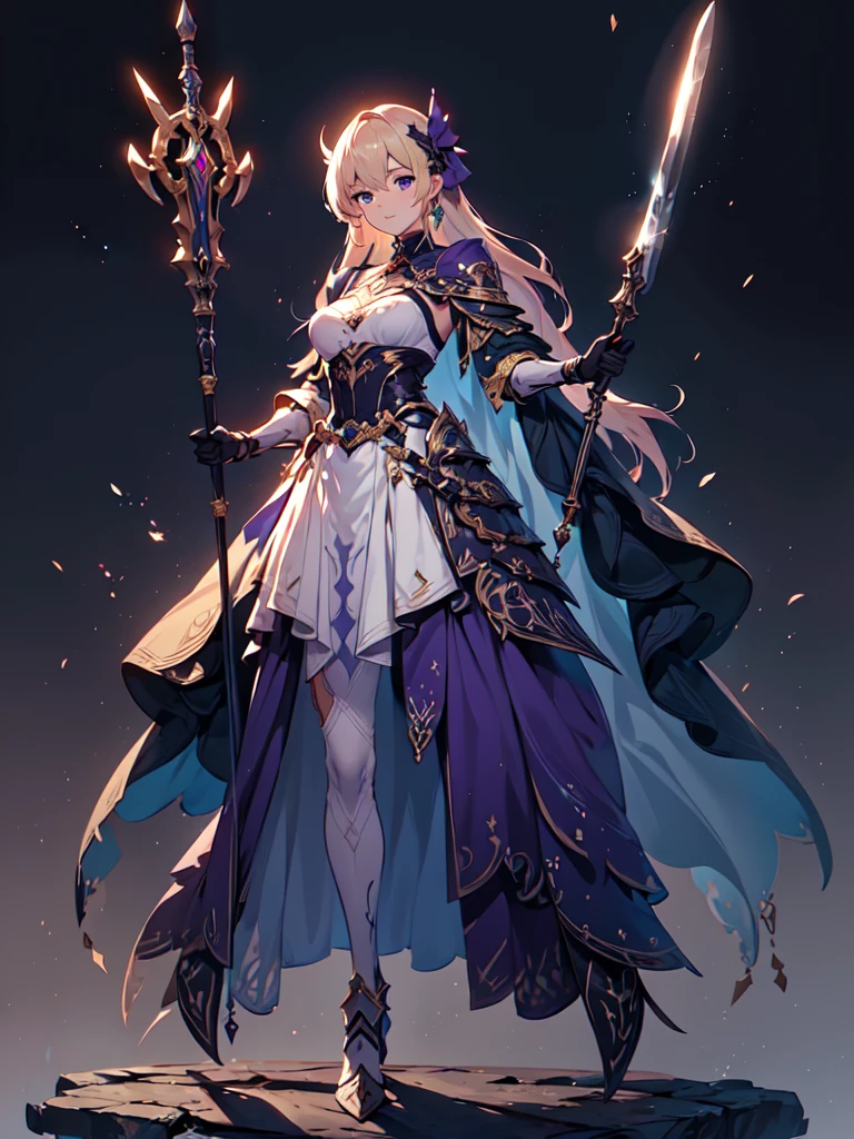 Design a layout showcase Gaming character, (1girl). 
Golden+Purple clothes, stylish and unique. 
((showcase weapon:1.4)), magic staff. 
(masterpiece:1.2), (best quality), 4k, ultra-detailed. 
(Step by step design, layout art:1.5), (luminous lighting, atmospheric lighting). 
magican, ((glove full hands)), (((revealing clothes:1.3))), vambraces, armored legwear, (((full_body_shot:1.4))). 
[Happy:0.5], [Determined:0.5], right-facing.