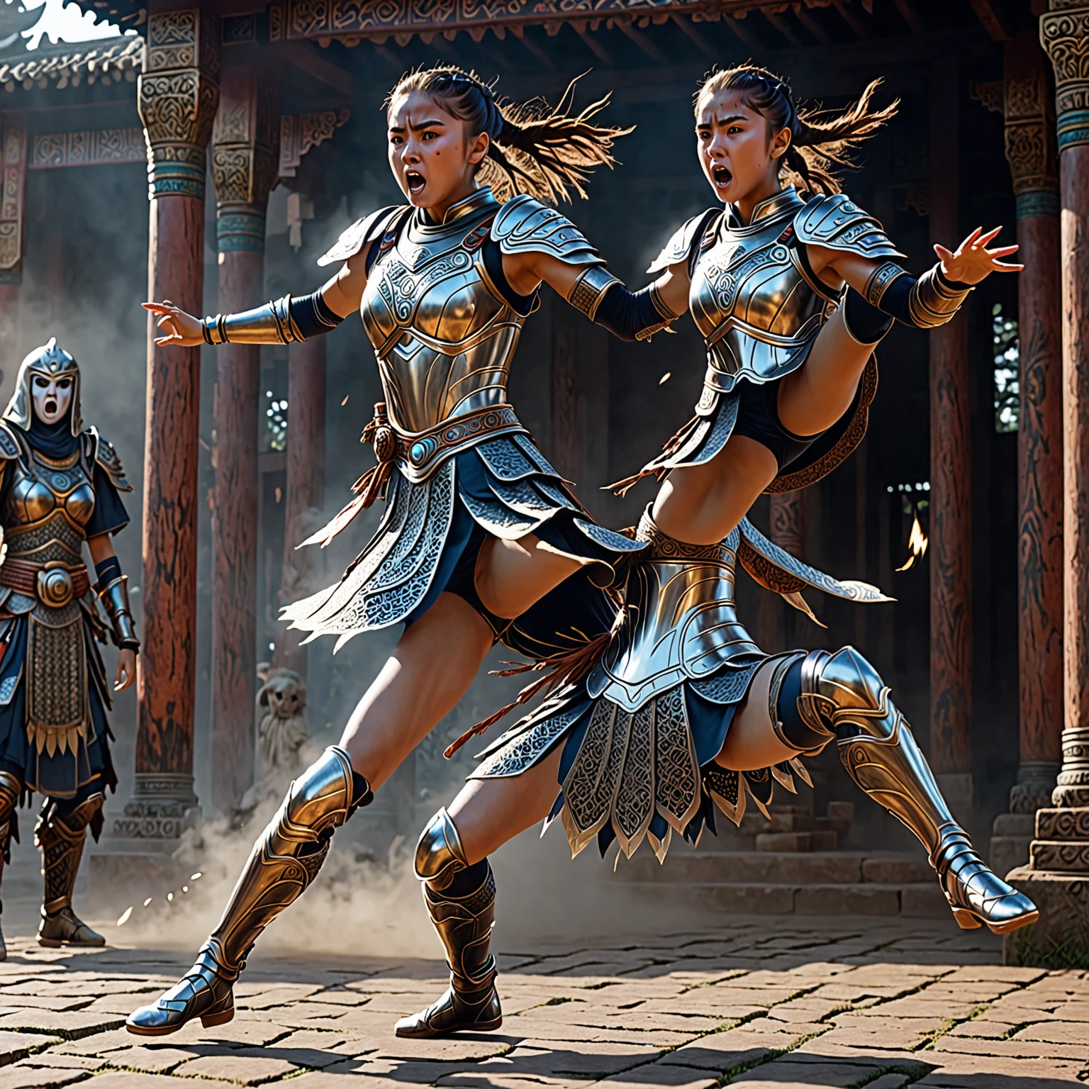 a girl in warrior-suit banishing a Ghost-spirit,  intricate, iconic kicking stance, full expression, shout out, epicRealism, UHD, 8k, super detailed,