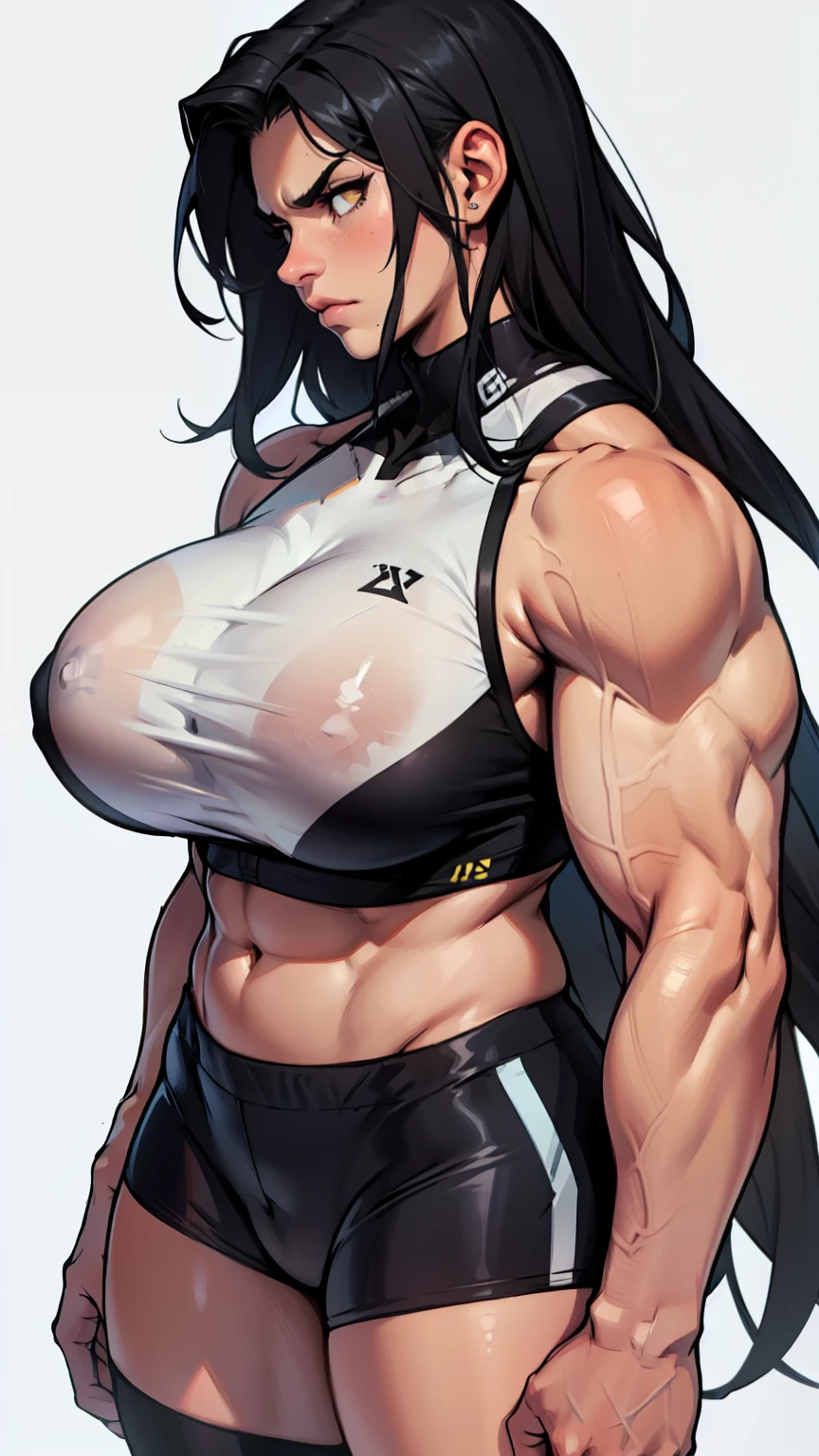 ((muscular)) (huge breasts thick) thick thick thick really long hair black hair yellow eyes disappointed disdain digusted annoyed girl best quality 