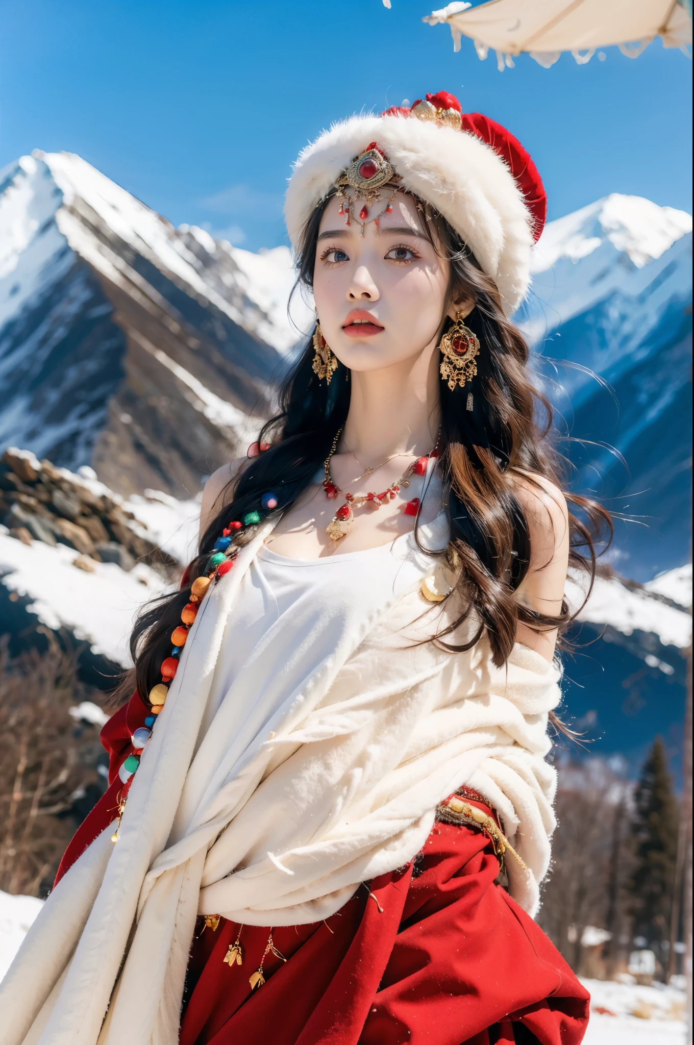 (masterpiece, best quality:1.2),red Tibetan clothing,1 Tibetan girl, blue sky, cloud, cloudy sky, day, earrings,Plush hat, horizon,Tibetan Earrings,jewelry,necklace, lips,snow mountain, outdoors, parted lips, red lips, solo, upper body,cleavage,((gigantic breasts)),shoulder off