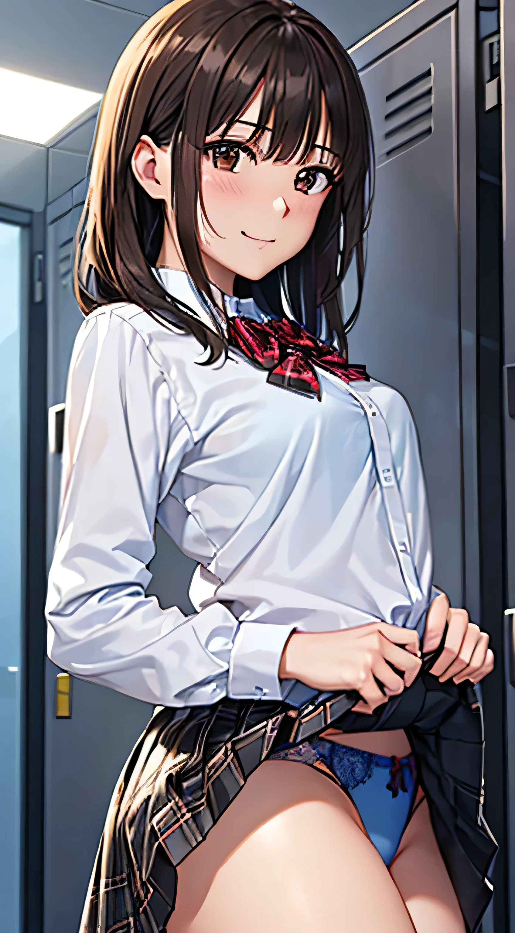 ((Tabletop, highest quality, High resolution,, Pixel Perfect, 4K, ))), One Girl, , beauty、The whole body is visible、 ((Mid-wave hair, bangs, Brown Hair)), ((Brown eyes, Beautiful eyelashes, Realistic eyes)), ((Detailed face, Blushing:1.2)), ((Smooth texture:0.75, Realistic texture:0.65, Realistic:1.1, Anime CG Style)), Center of chest, Dynamic Angle, Perfect body, ((Red bow tie, , , White shirt, Black plaid skirt)), School locker room、Standing at the locker、Very embarrassing panic smile, 、look back、Stick your buttocks out big、Leaning forward、Sitting on the floor(、、Use both hands to lift your skirt and show your butt、Light blue floral lace panties)、Angle from below