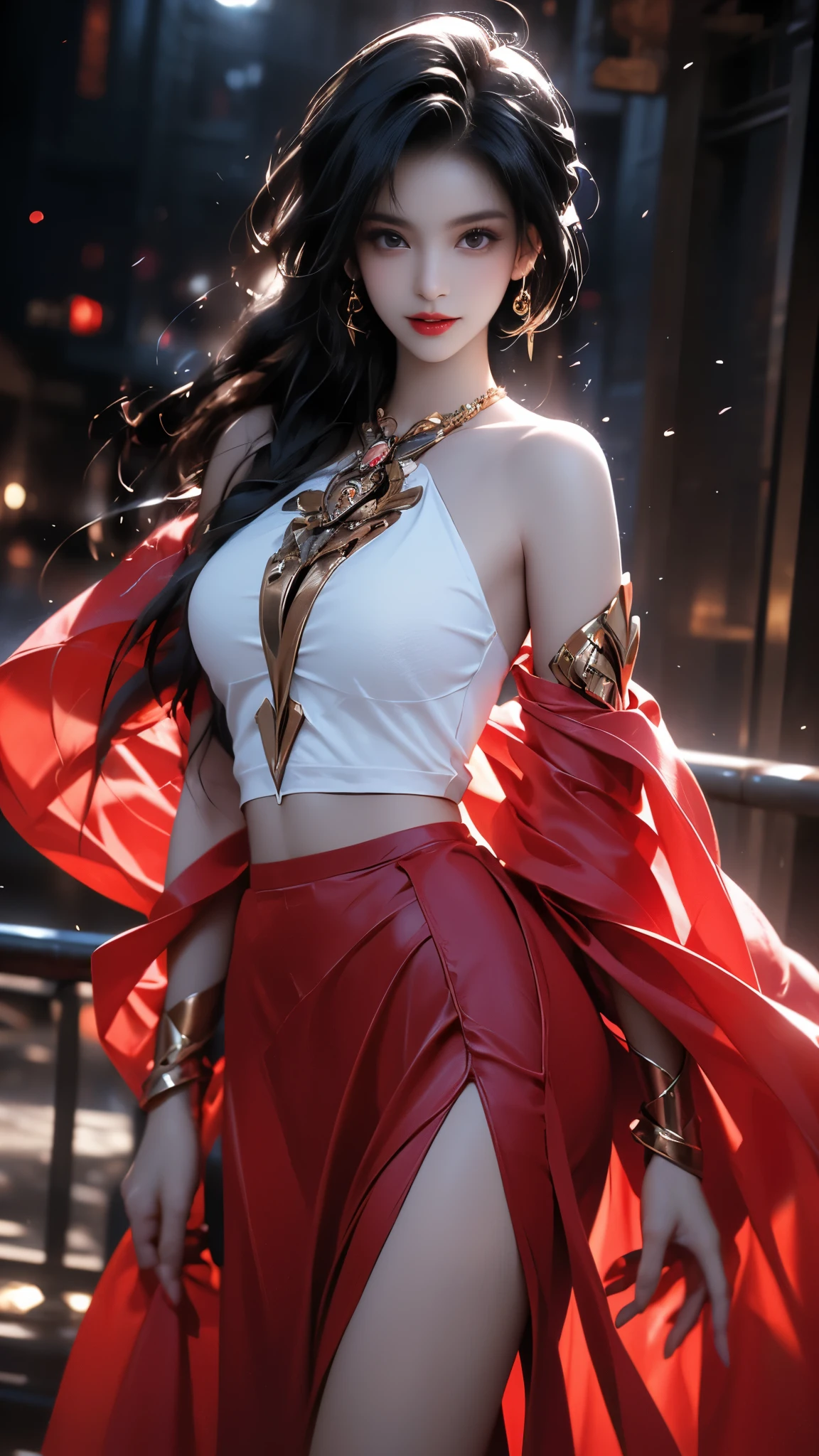 ((Bare shoulders)), ((Full breasts)), ((Flip the skirt, Grab the skirt)), ((Sexy legs)), ((whole body)), actual, Fashion Girl, red lips, Mature women, Exquisite makeup, big eyes, beautiful, (best quality, masterpiece:1.2), Super detailed, (actual:1.37), ((Random Scenes, Random shooting angle)), ((Sexy long legs)), Young and energetic, Charming model, (Exquisite eyes, delicate lips), Show a bright smile, Create stunning girl images, warm color, Extremely saturated colors, Official Art, Extremely detailed CG, Unity 8k Wallpaper, (High Dynamic Range :1.4), (Movie atmosphere),(Soft colors), (Natural skin texture, ultra-actual, Soft Light, sharp),(Very detailed), night, moonlight