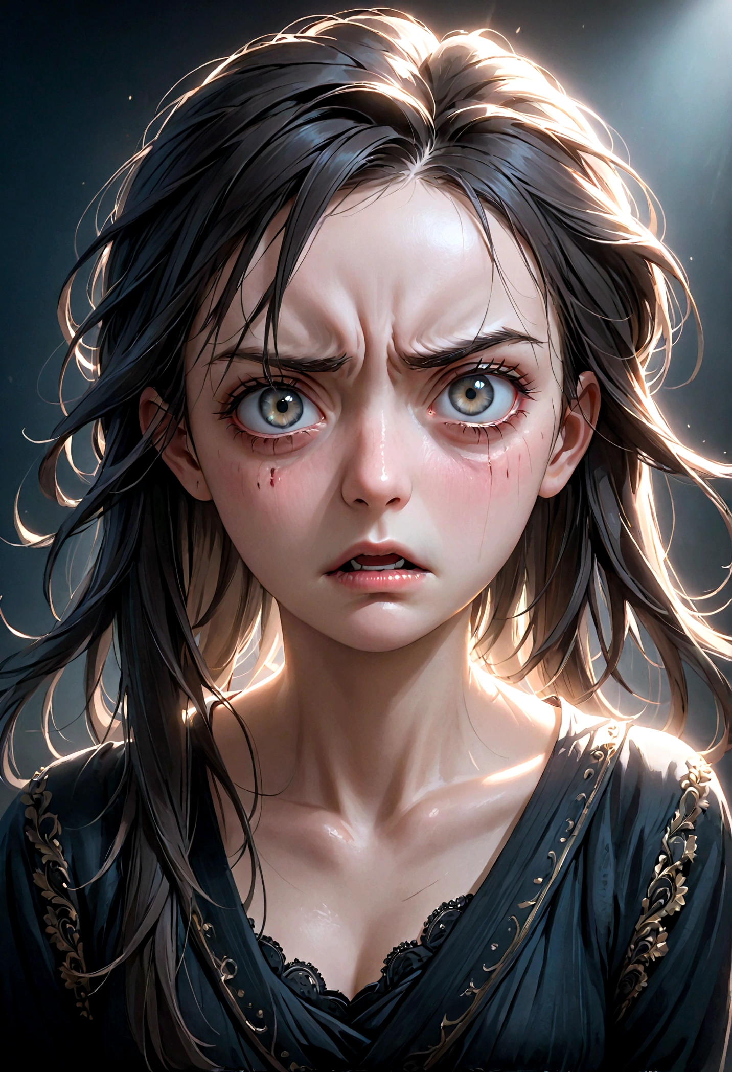 1girl, Disgusted Look, a disgusted woman with a scrunched up face, detailed eyes and lips, long eyelashes, expressive facial features, studio lighting, high quality, cinematic, hyperdetailed, dramatic lighting, cool color tones, gloomy atmosphere, horror, dark fantasy, masterpiece, best quality, very aesthetic, absurdres