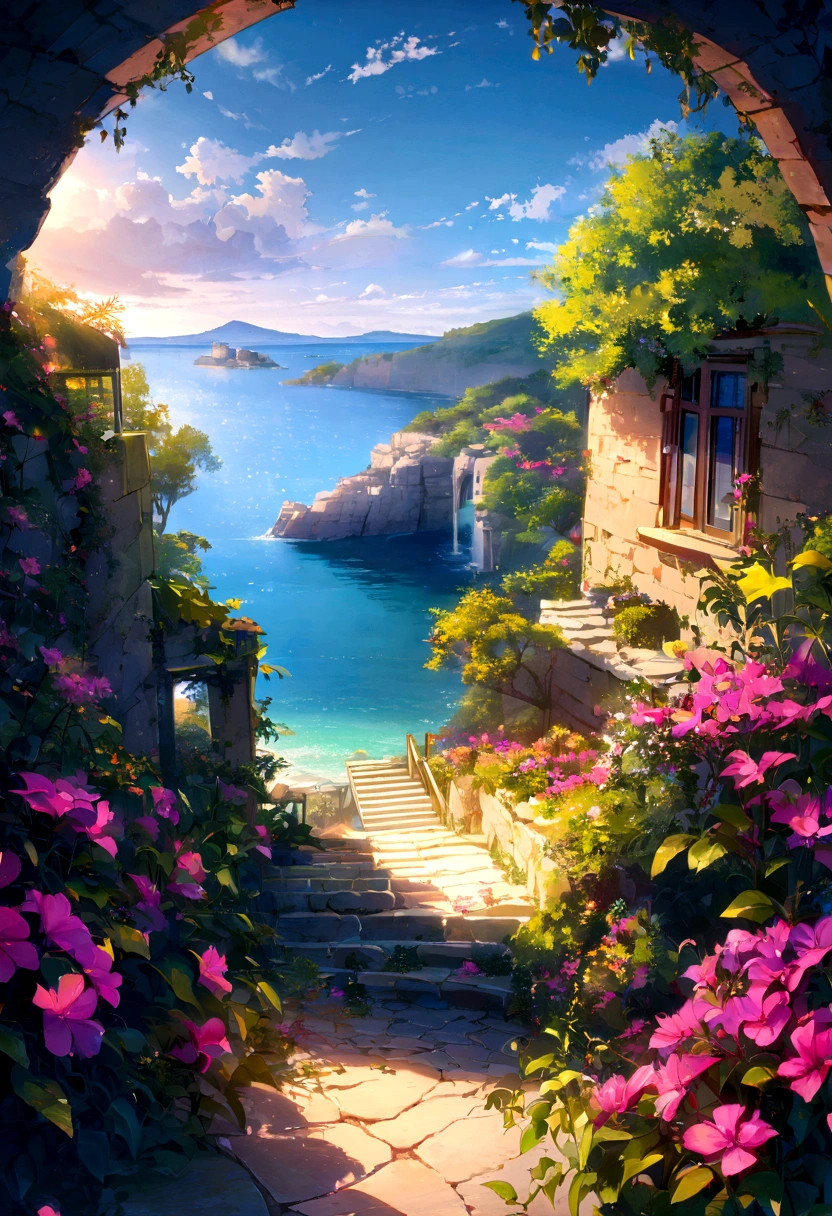 wide view, a beautiful cottage on a sandstone cliff, sea, bougainvillea flowers, stairs, day light, evening, yellow and green trees, blue cloudy sky, aesthetics, vibrant tones, scenery, beautiful ambience, 8k, bright volumetric light, peaceful scene, light shining on part of foliage, micro landscape, intrinsic details