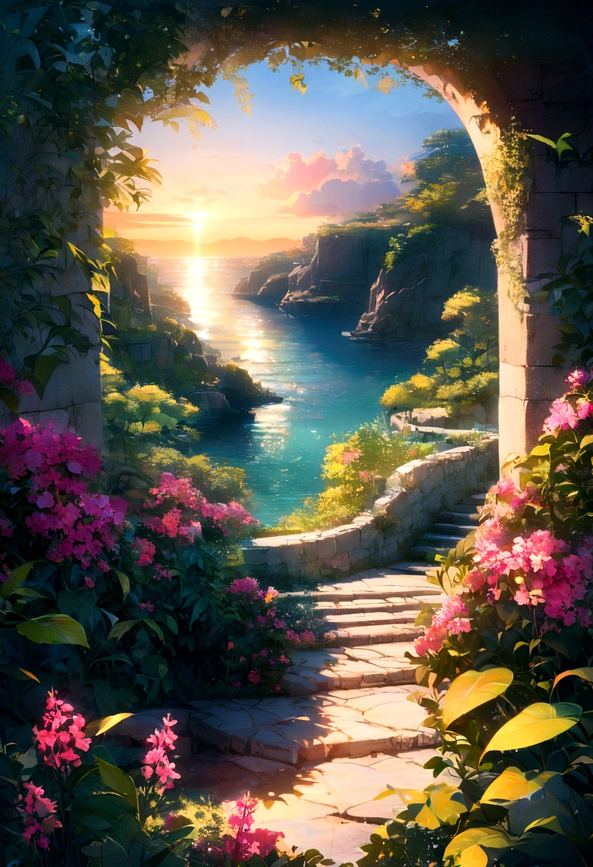 wide view, a beautiful cottage on a sandstone cliff, sea, bougainvillea flowers, stairs, day light, evening, yellow and green trees, blue cloudy sky, aesthetics, vibrant tones, scenery, beautiful ambience, 8k, bright volumetric light, peaceful scene, light shining on part of foliage, micro landscape, intrinsic details