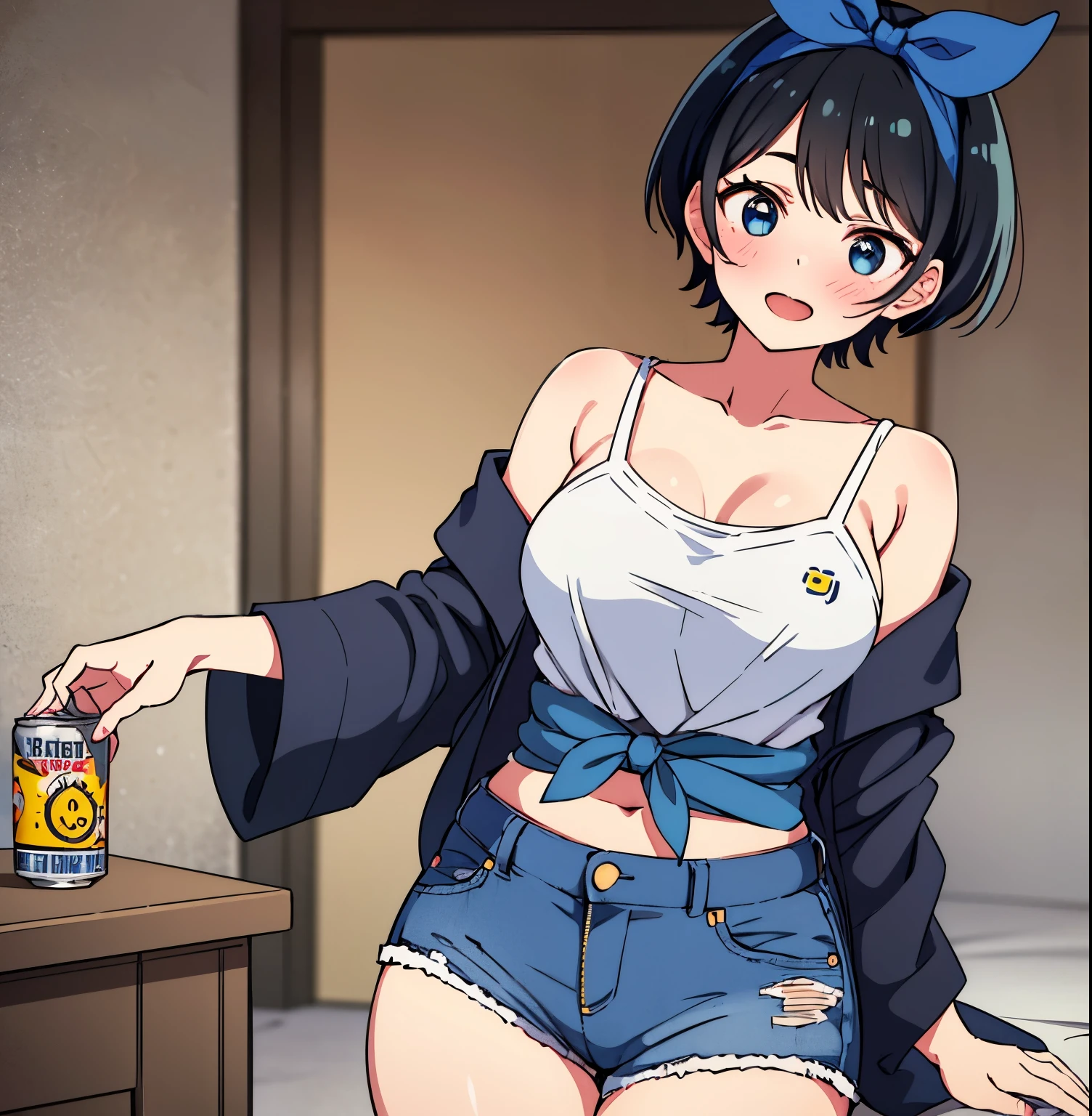 1girl, alone, ruka sarashina, main piece, high quality, high resolution, jewelry, black skirt, a woman with dark hair, short hair, black hair, yellow t-shirt, blue bow, tank top, dropped shoulders, denim shorts , belt, sitting, Indian style, laugh, open mouth, blushing, head tilt, drunk, can, beer can, zipper can, interior, Japanese apartment, , bow, bow, blue hair band, bangs, big full breasts, medium waist, medium hips, wide thighs, round butt, cowboy photo, smile, seductive, embarrassed, dynamic pose, sexy body, detailed, detailed face, standing, looking at viewer, looking back, from below, focus on the ass, point of view (from below), perfect anatomy perfect hands