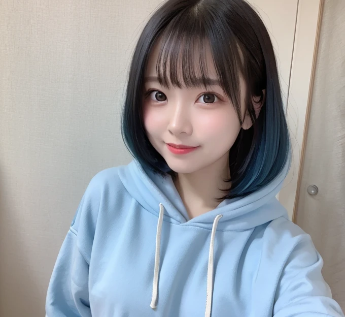 highest quality, shape, Very detailed, finely, High resolution, 8k wallpaper,, finelyて美しい目, Large hoodie,Natural color lip, smile、cute、Light blue hair、Medium Hair、Tear bags、Iris、