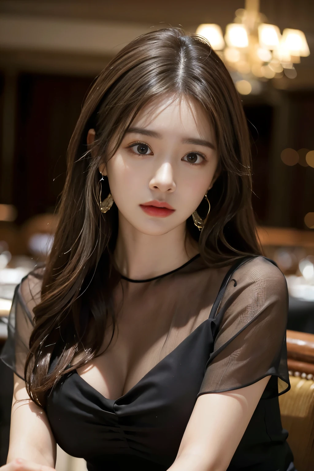 masterpiece, best quality, realistic, very detailed, finer details, high resolution, 8k wallpaper, one beautiful woman, Try on an elegant black see-through blouse, In a great restaurant, At night, light brown messy hair, Complete dynamic configuration, beautiful beautiful eyes、big earrings