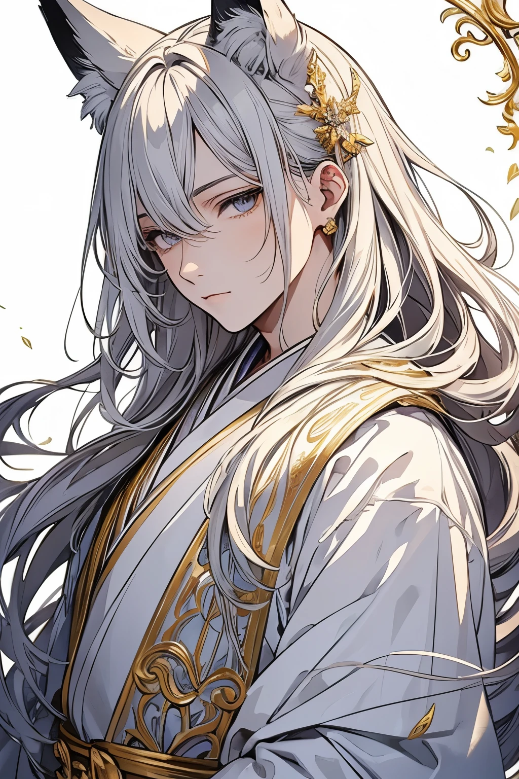 Masterpiece, highest quality, very detailed, official art, beautiful: 1.2), beautiful, (1 handsome man), copyright, alone, perfect face, A beautiful, ethereal male character with long, flowing silver hair and fox ears. He has golden eyes and is wearing traditional Japanese robes in white and gold. His hair and robes flow gracefully, giving a sense of elegance and otherworldly charm. The background is simple and white, focusing attention on the character's serene and captivating appearance