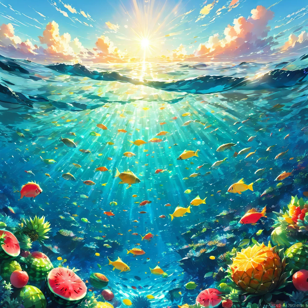 Coral礁, Ocean, transparency, green, light blue, green, fish, 熱帯fish, Coral, Colorful, Light, sun, water surface, Sparkle, fruit, fruits, Floating, pineapple, watermelon, banana, orange, apple, interesting, null, cloud, face, animal, shape, Playfulness, Paradise, Tropical,beautiful Anime Scenery, Landscape painting, Beautiful digital painting, Andreas Rocha, Beautiful artwork illustration, Awesome Wallpapers, Raymond Han, Tall beautiful paintings, スタジオグリブリー 新Ocean誠, Beautiful Wallpapers, Anime Scenery