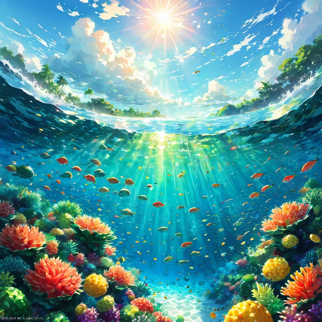 Coral礁, Ocean, transparency, green, light blue, green, fish, 熱帯fish, Coral, Colorful, Light, sun, water surface, Sparkle, fruit, fruits, Floating, pineapple, watermelon, banana, orange, apple, interesting, null, cloud, face, animal, shape, Playfulness, Paradise, Tropical,beautiful Anime Scenery, Landscape painting, Beautiful digital painting, Andreas Rocha, Beautiful artwork illustration, Awesome Wallpapers, Raymond Han, Tall beautiful paintings, スタジオグリブリー 新Ocean誠, Beautiful Wallpapers, Anime Scenery